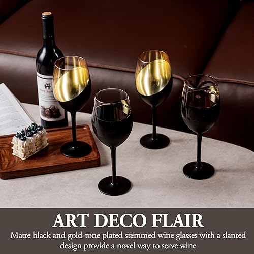 Miniatura 9 de MyGift Copas de vino modernas inclinadas de 14 onzas con tallo de color navideño multicolor metálico en ángulo, juego de 4