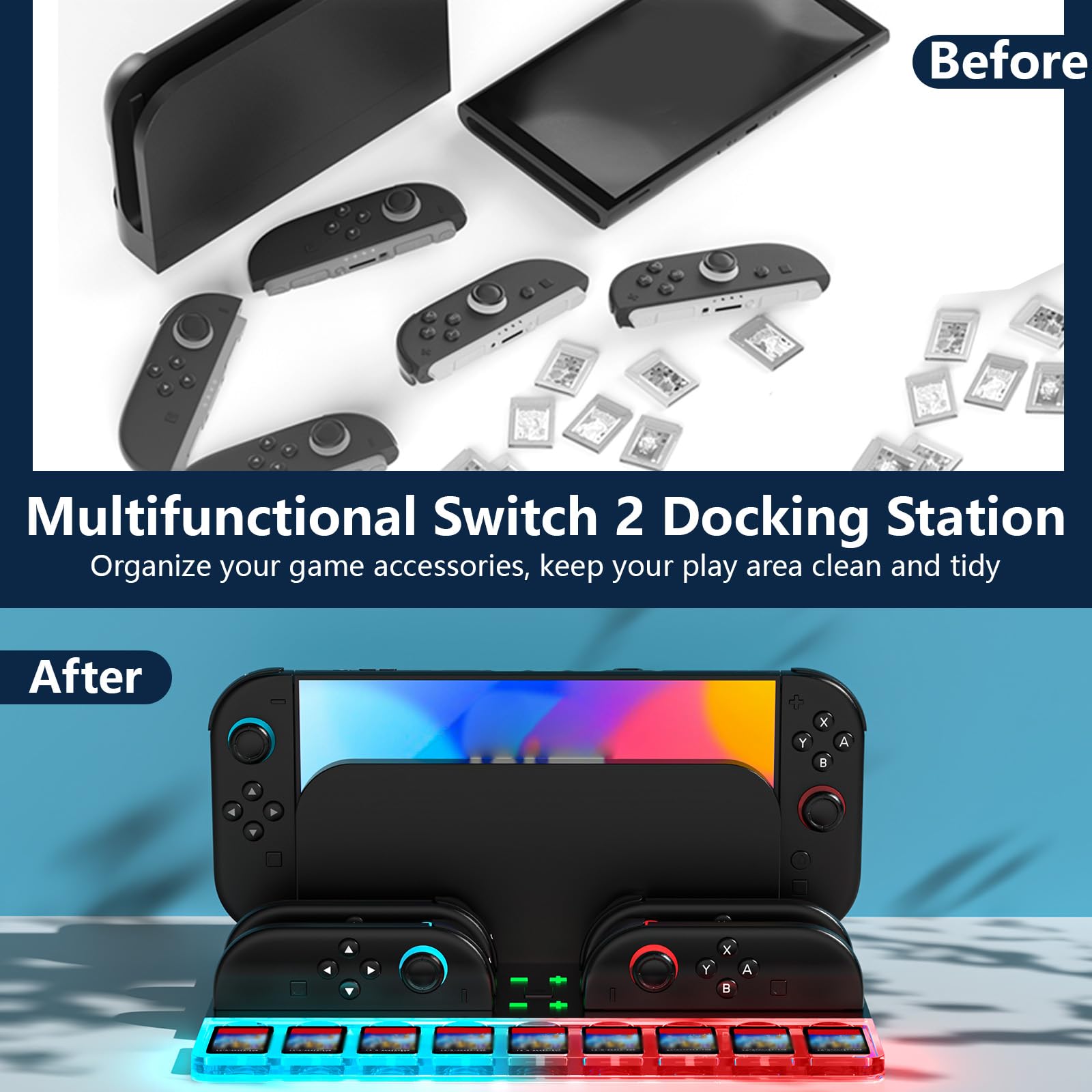Caricatore Joycon per Nintendo Switch 2, Stazione di Ricarica per Controller Switch 2 con 7 Luci RGB/9 Memorizzazione Della Scheda di Gioco, Compatibile con 4 Joy Con