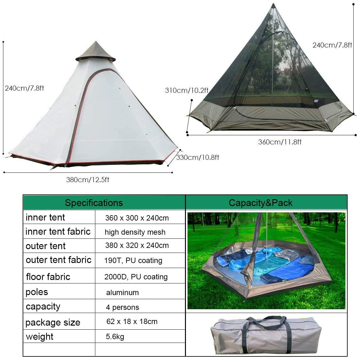 TentHome Tipi - Tienda de campaña para camping al aire libre, senderismo, caza, 380 cm, 380 cm, 12,5 pies, doble capa, para camping, al aire libre