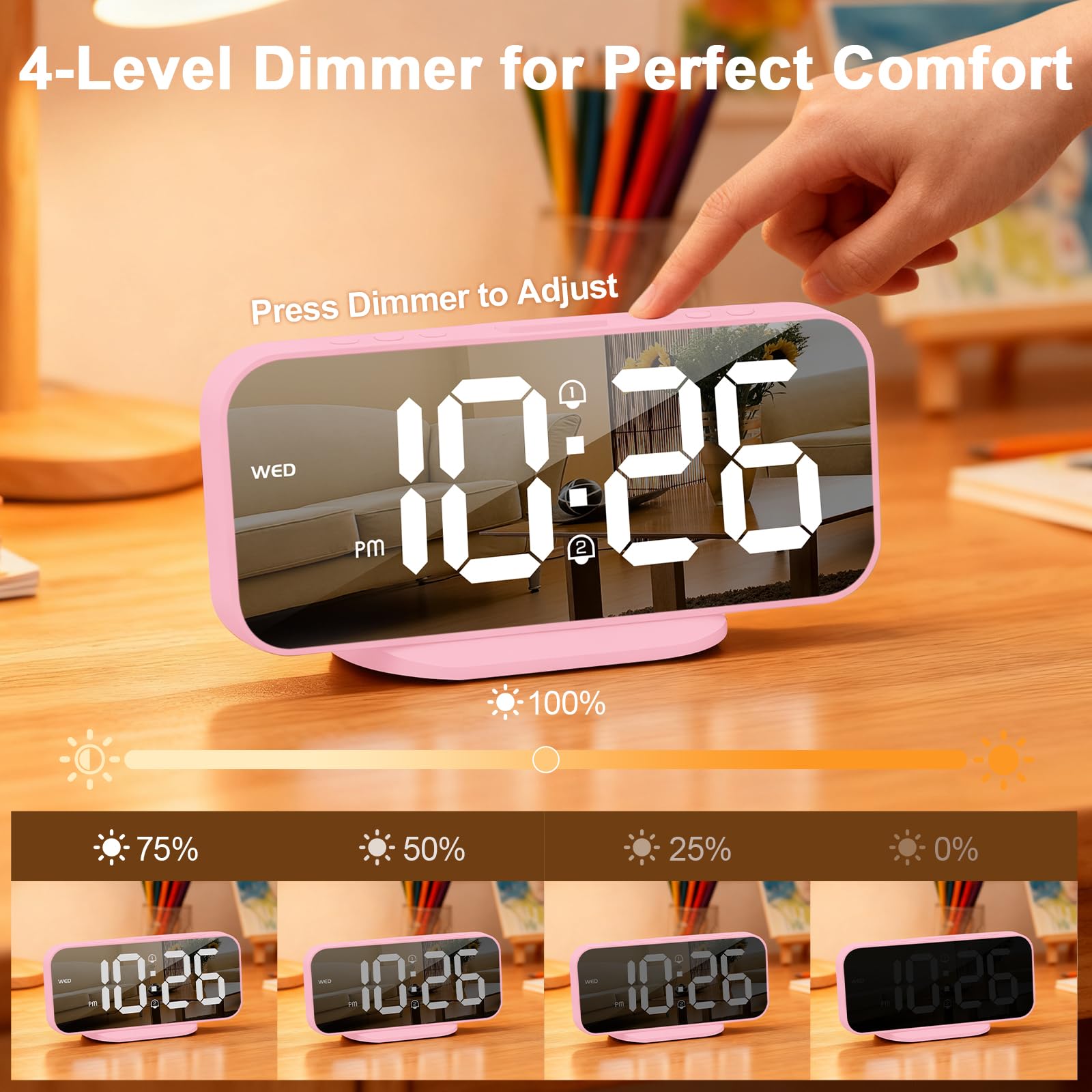 ALANAS Reloj despertador digital, alarmas duales con repetición, ajuste de brillo, 2 puertos de carga USB para teléfono celular, 12/24 horas, reloj despertador enchufable con batería de respaldo