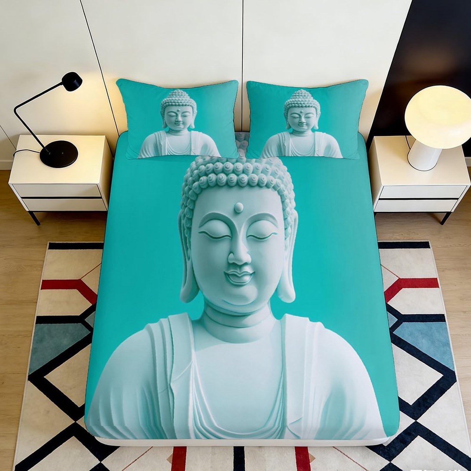 3D Printed Buddha Statue Fitted Sheet Microfiber Turquoise Art Zen Meditation Bed Cover Non Slip Mattress Protection Bedroom Decor 120x200x25cm