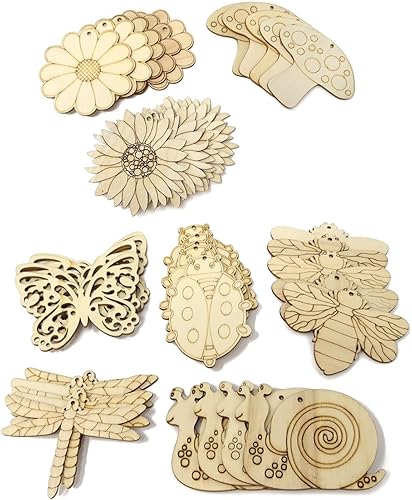 Miniatura 5 de Honbay 40 piezas de recortes de madera de primavera sin terminar de madera, mariposa, girasol, escarabajo, flor, libélula hongo, abeja, caracol,