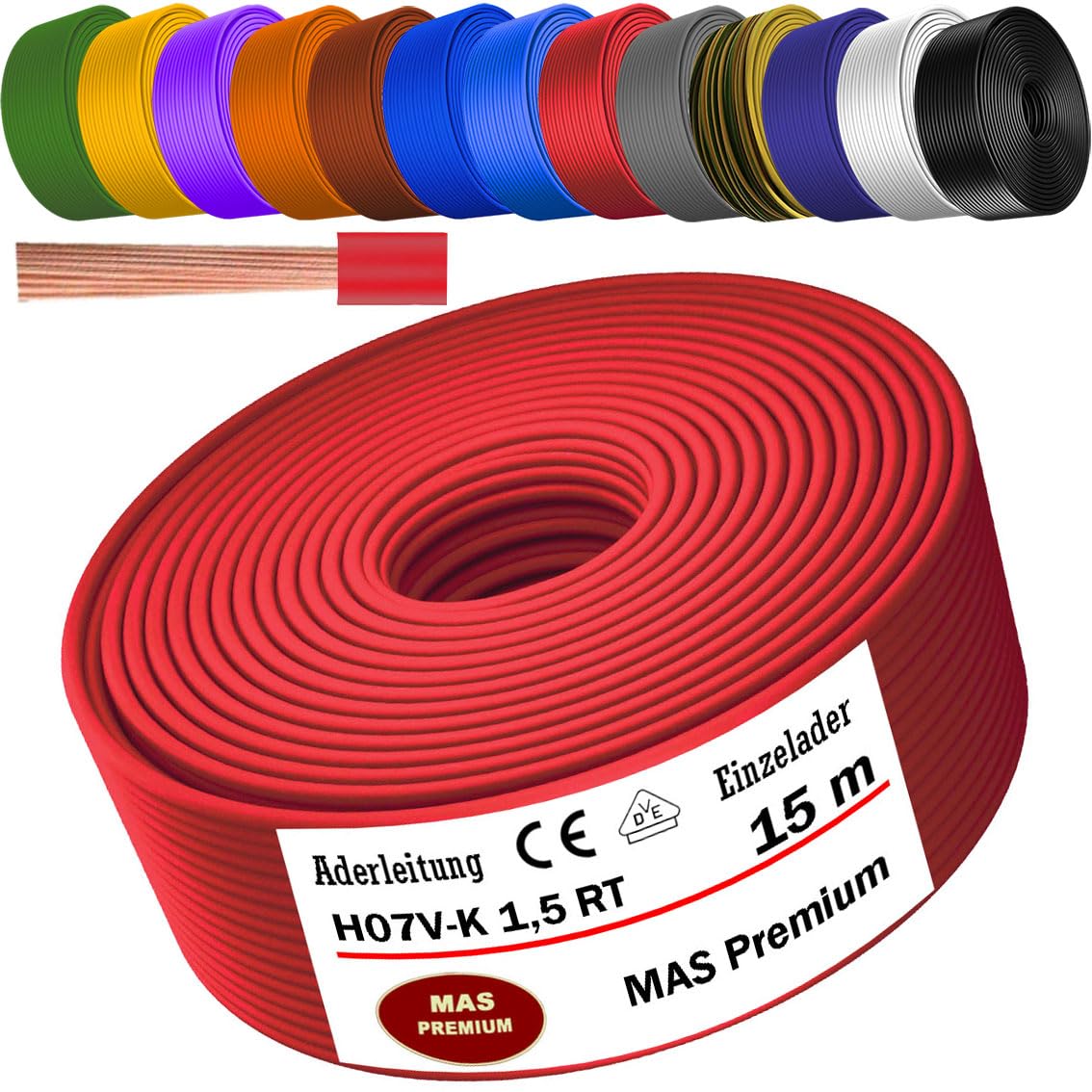 MAS Premium Von 5 bis 100m Aderleitung H07 V-K 1x1,5 mm² SW HBL GNGE GN RT DBL BR OR GR WS VIO U-MAR.BL RS RTWS DBLWS oder GE Einzelader flexibel (Rot, 15m)
