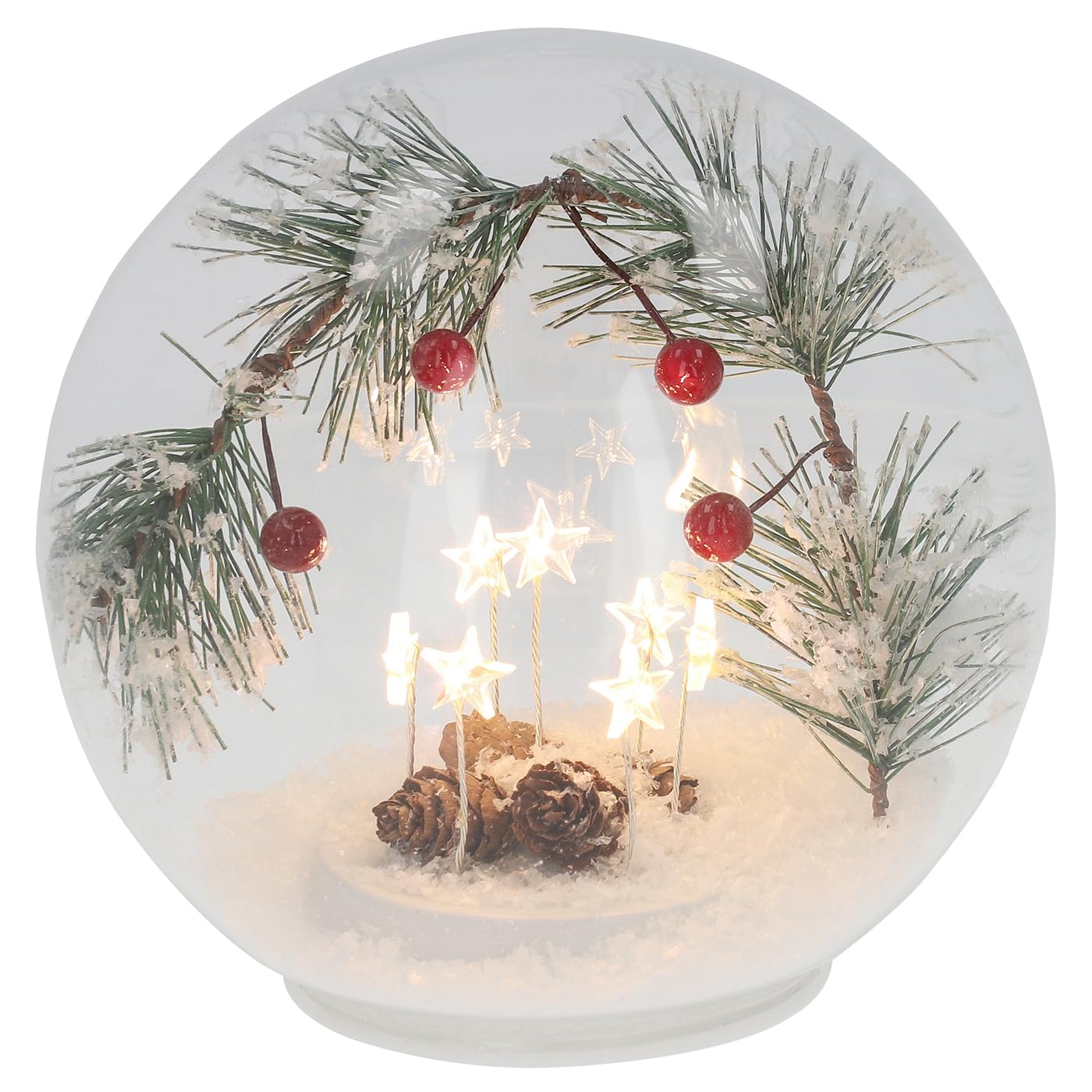 Shudehill Giftware Frosty Christmas LED Stars Glass Decoration Dome & Ball Ornaments with Pinecones and Snow Scene Battery Operated Festive Light (Ball Medium Height 14.5x Width 15x Depth 15 cm)
