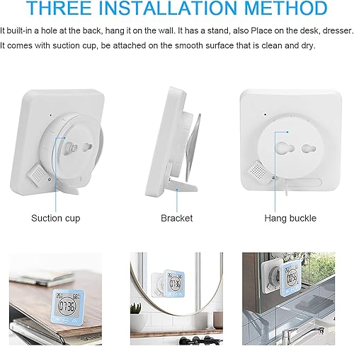 Miniatura 4 de Reloj de ducha impermeable, reloj de pared para baño, campana solar, pantalla digital de temperatura y humedad con ventosa, temporizador de pantalla