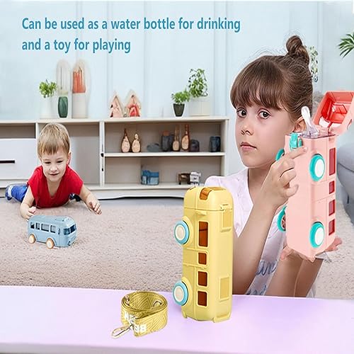 Miniatura 3 de Botella de agua de autobús con ruedas, taza de agua portátil de 16 onzas en forma de autobús, botella de agua para niños con correa, tapa abatible