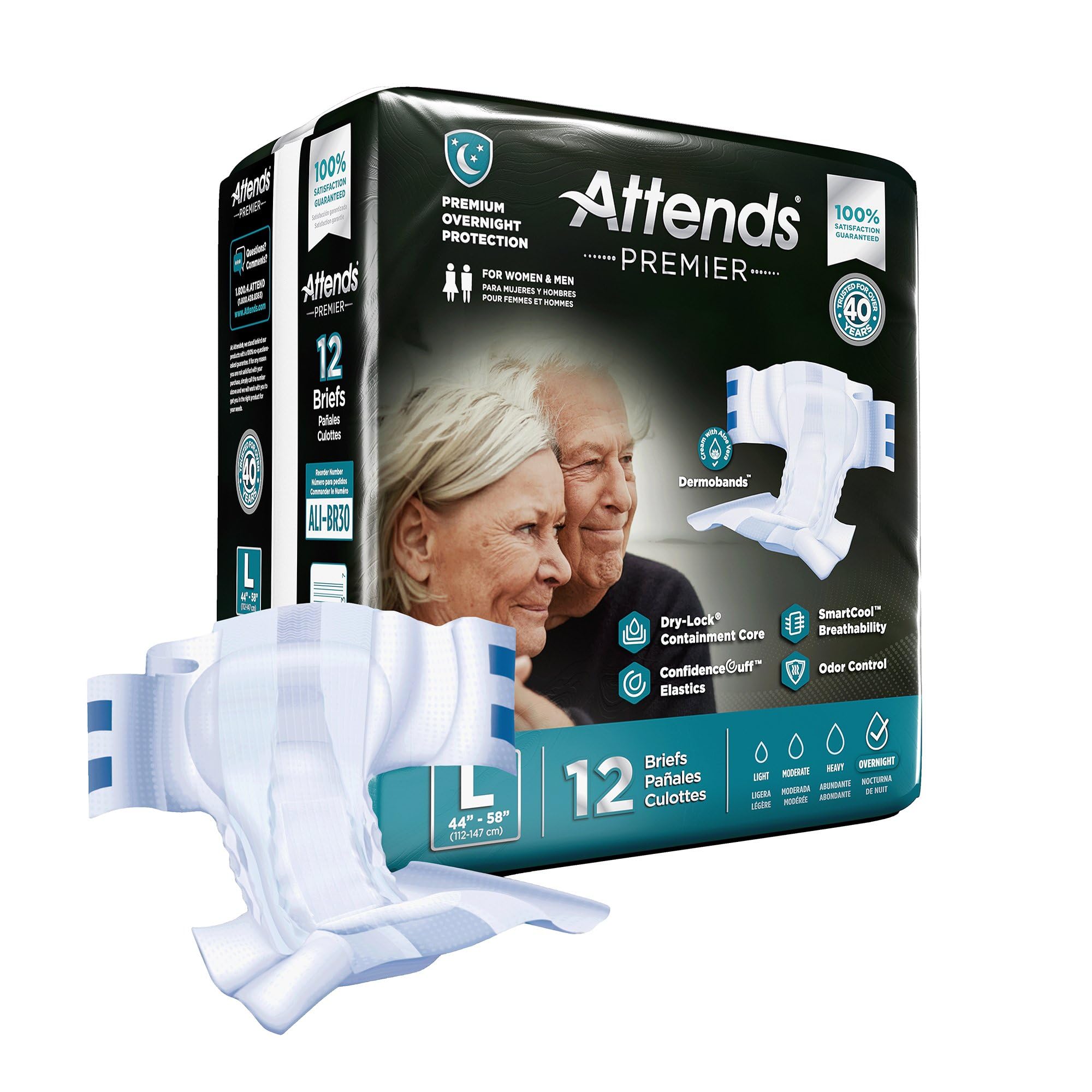 Attends Premier Disposable Adult Briefs with Tabs, Large, 48 Ct Case | 44-58in Waist, Dry…