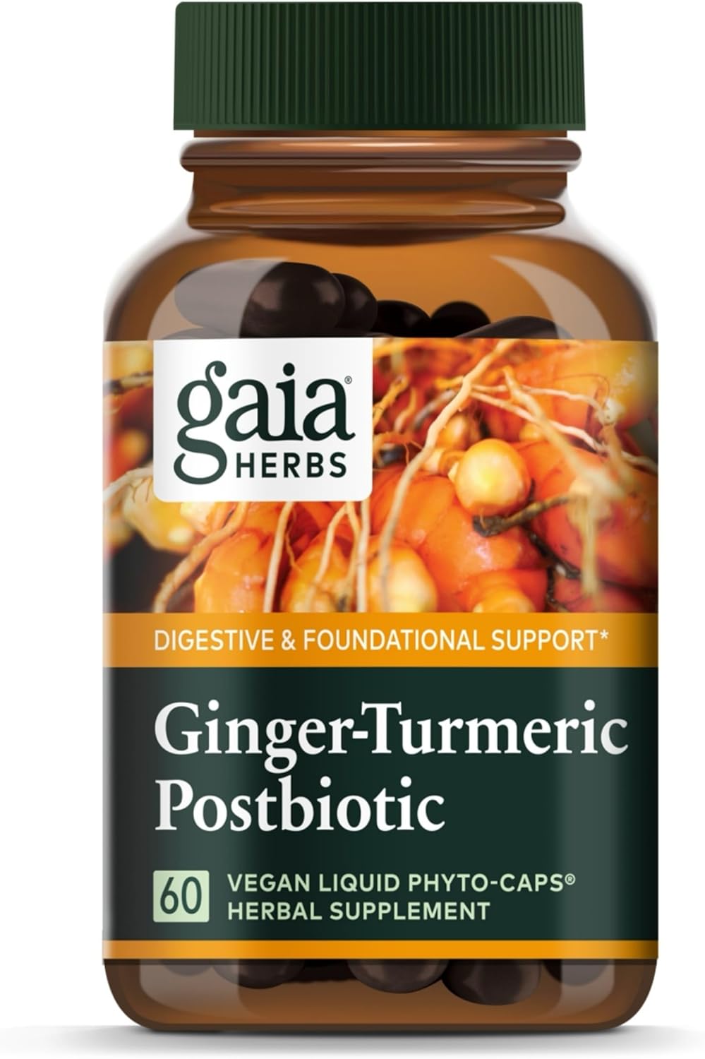 Gaia Herbs Ginger-Turmeric Postbiotic – Premium Digestive Support Supplement for Gut Health – Made with Fermented Turmeric & Ginger – Free from Dairy, Soy & Gluten – 60 Vegan Capsules (30 Servings)