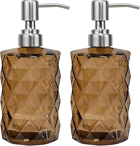 Miniatura 24 de Dispensador de jabón marrón de 14 onzas para baño, dispensadores de jabón de manos de vidrio transparente con bomba de acero inoxidable, dispensador