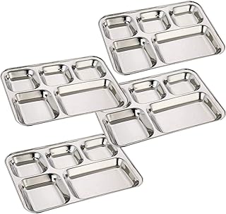 Khandekar Pack of 4 Stainless Steel Lunch Plate, 5 Compartment Thali, Food Divided Plates, Dinner Plate Set, Mess Tray, Kids Lunch Plate for Toddlers, Outdoor Camping and Everyday Use - 33 cm, Silver