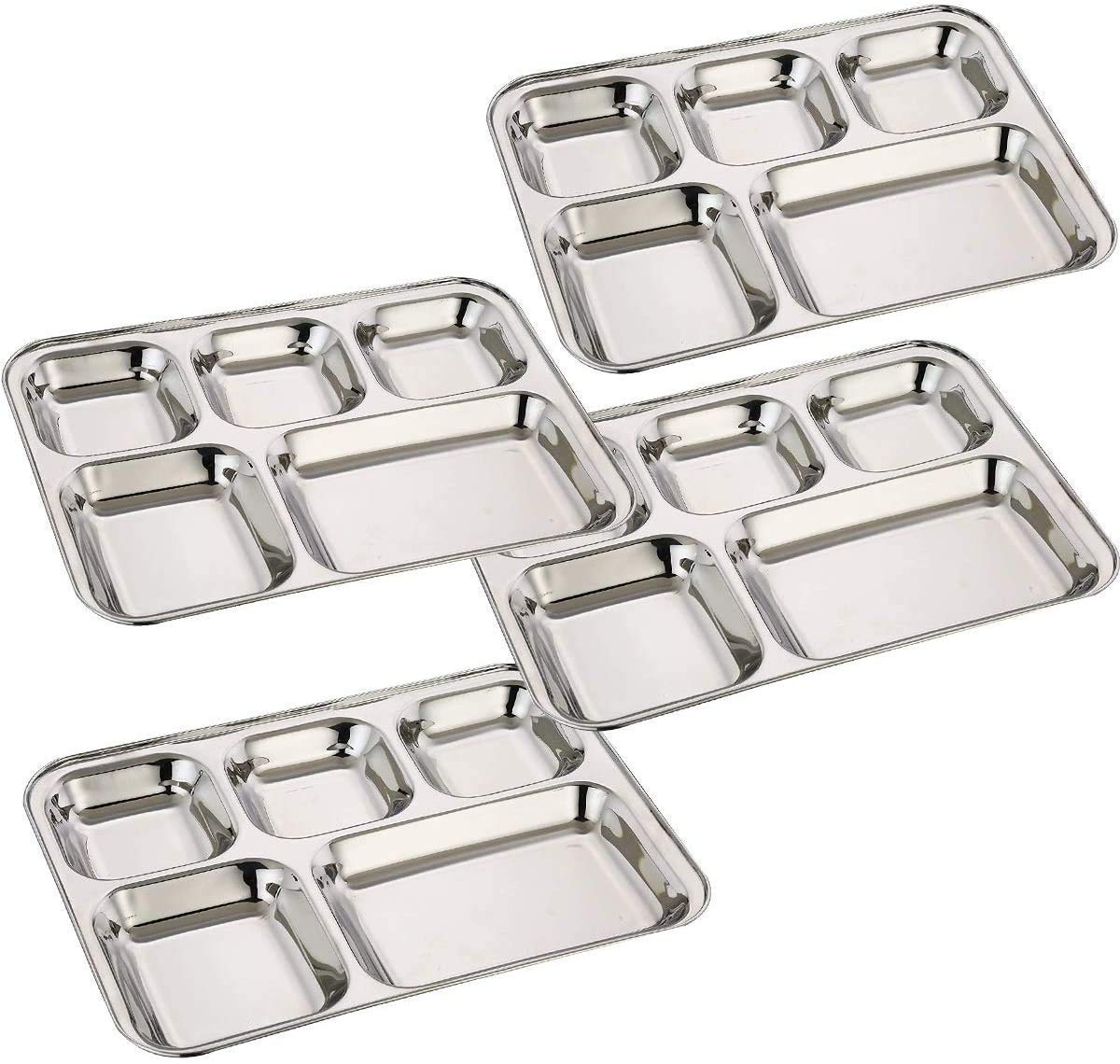 Pack of 4 Rectangular Steel Thali with 5 Compartment Food Divided Steel Plate, Mess Tray, Dinner Plates, Indian Dinnerware Plates, for Kitchen,Home,Office Etc Daily Use Kids Lunch Plates by Khandekar