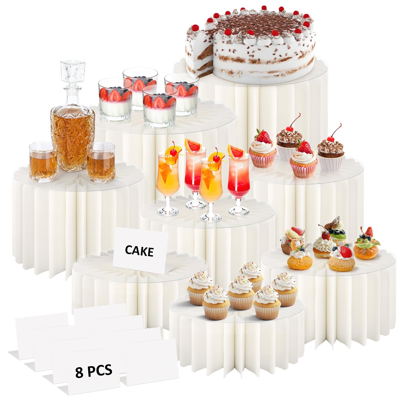 DHNDO 8 Pcs Buffet Risers with Acrylic Plates, Foldable Cardboard Food Display Stands for Catering, Cake Table Stand Set with 8 Signs for Dessert Table, Jewelry, Craft Show