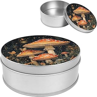 Cookie Tins with Lids,Round Metal Nesting Containers,3.6 Inches,Airtight Seal,Stackable,Silver,for Holiday Treats and Gift Giving,Mushroom Forest Magic
