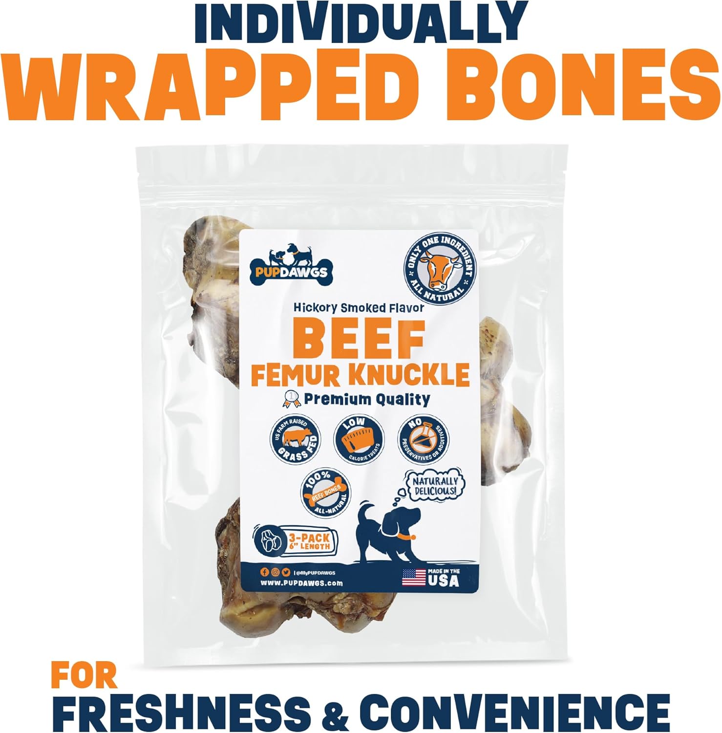 Dog Bones for Aggressive Chewers | 6" Hickory Smoked Flavor Femur Knuckles | Large Dog Chew Treats | All Natural, USA-Made - Individually Wrapped (3 Pack)