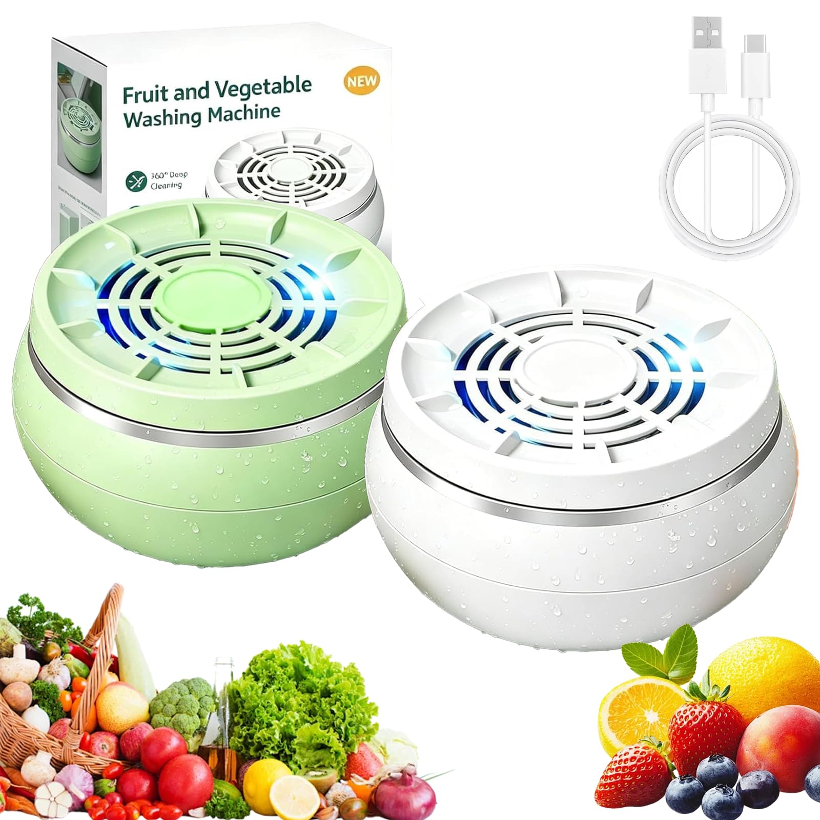 Vortex Fruit and Vegetable Washer Machine, Fruit Cleaner Device with Electrolysis Tech, Portable Fruits and Veg Washer for Home Kitchen, Deep Cleaning Fruits Washers Spinner (Green+White)