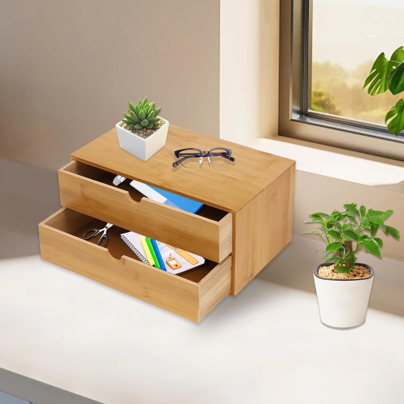 Schubladenbox aus Bambus 33x19x16cm, Schreibtisch Organizer mit 2 Schubladen - Mini Kommode Holz für Büro & Kosmetik, Desk Organizer in Naturfarbe, Perfekt für Home Office