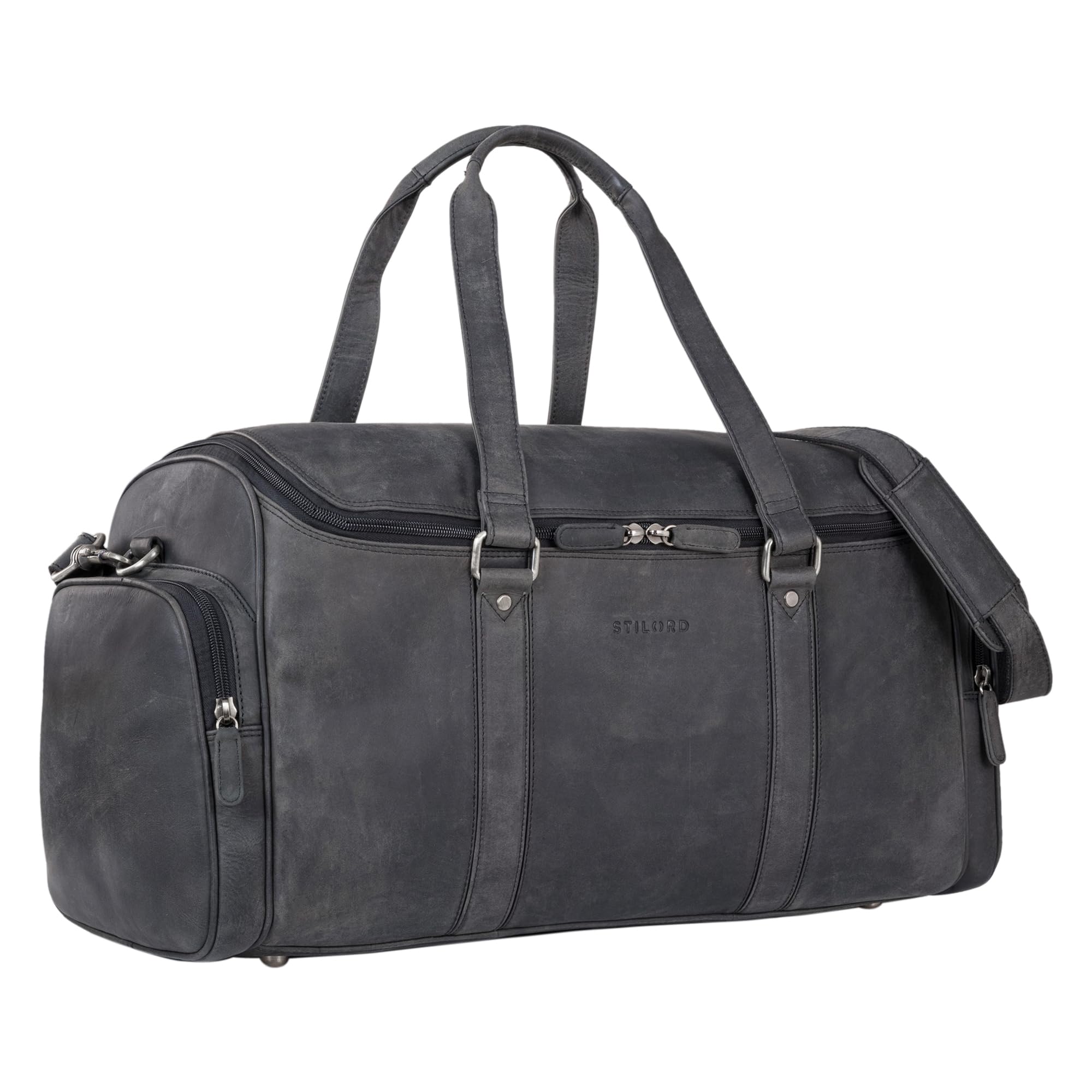 STILORD "Myles" Vintage Travel Bag Men's Leather Weekender to wear Overnight Duffle Bag Large Luggage XL genuine cowhide Kolor:carbon - szary