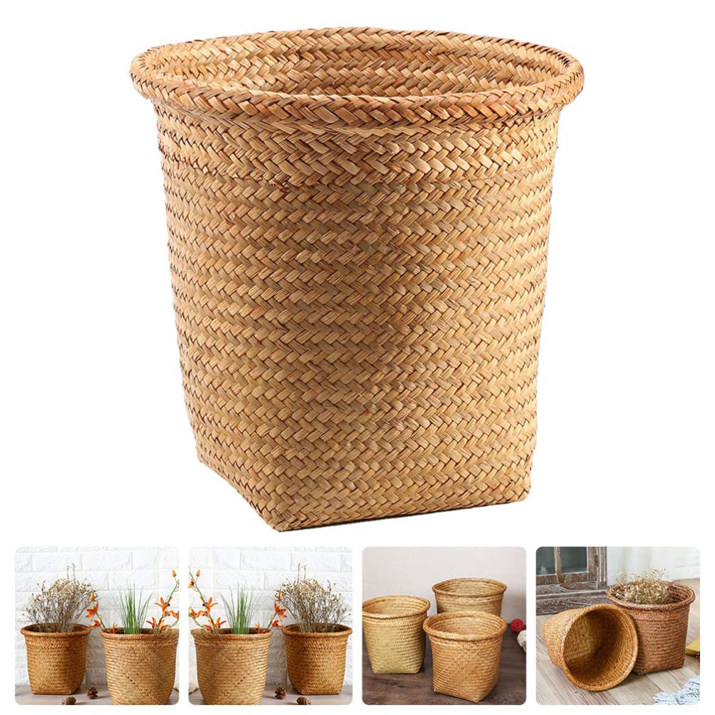 Operitacx Handmade Woven Rattan Storage Basket Decorative Sundries Container for Living Room Bedroom Bathroom Lightweight Waste Basket