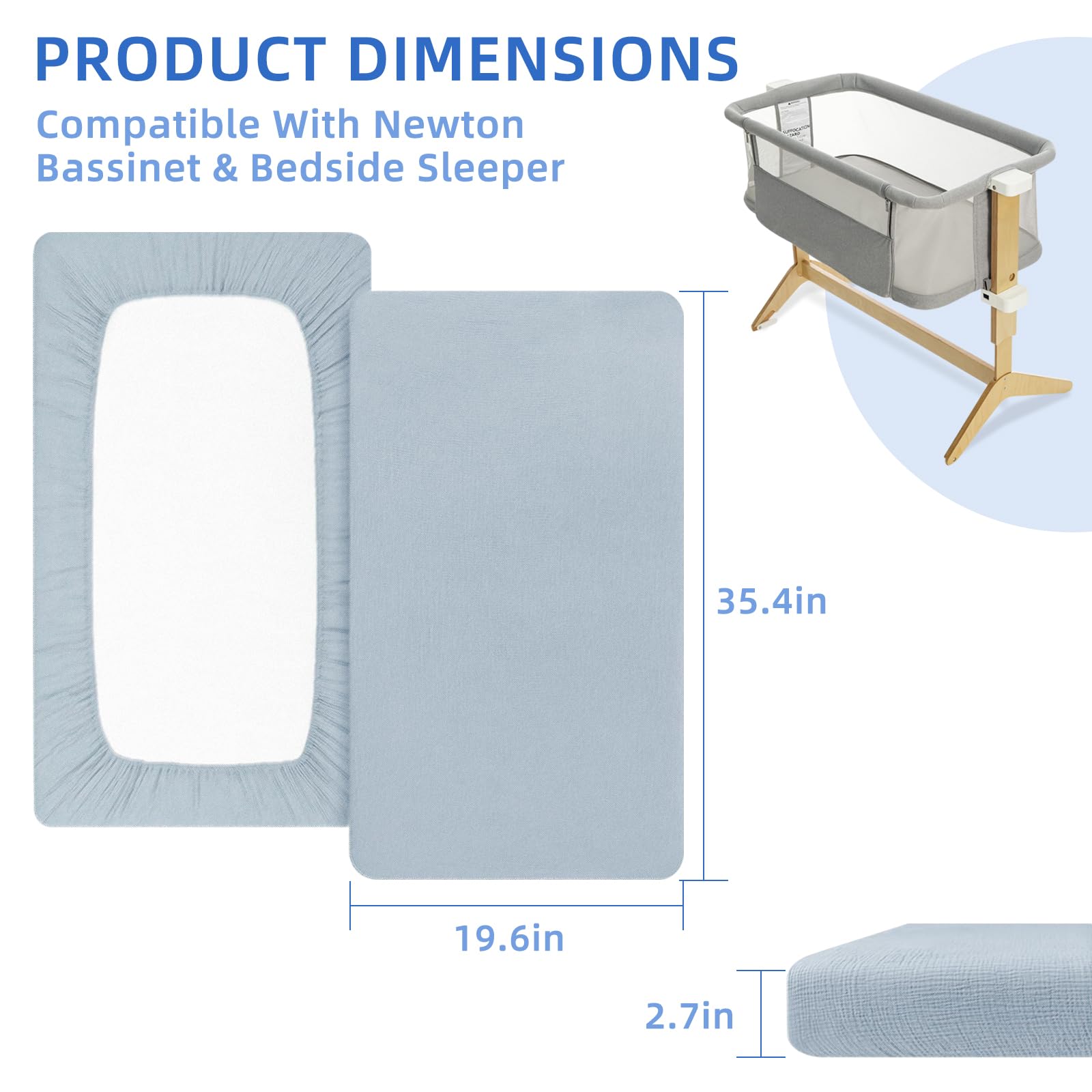 Confezione da 2 lenzuola con angoli in 100% cotone per culla e comodino Newton, traspiranti, lavabili e delicate sulla pelle, 48,3 x 88,9 cm, grigio