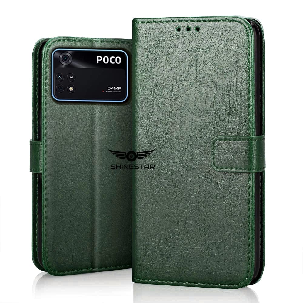 SHINESTAR Poco X4 Pro 5G Flip Back Cover | PU Leather Flip Cover Wallet Case with TPU Silicone Case Back Cover for Poco X4 Pro 5G - (Unique Green)