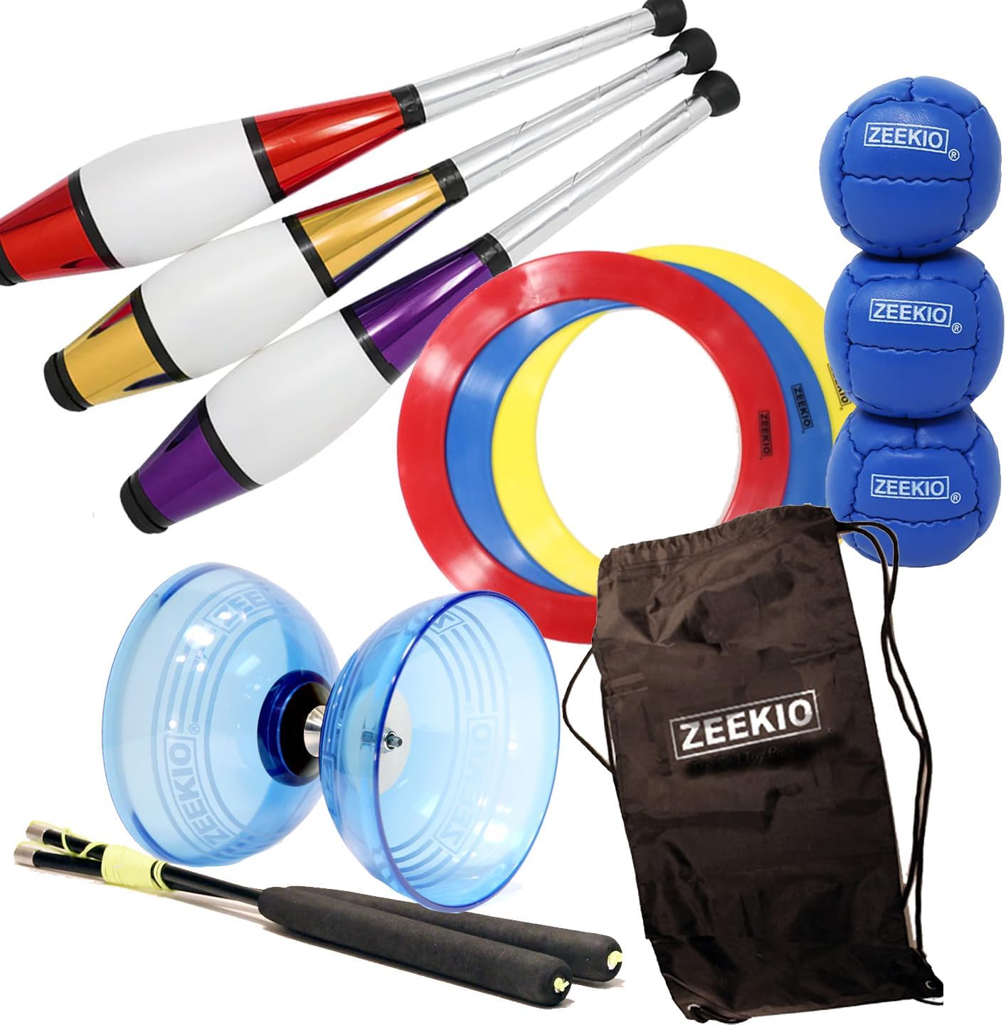 Zeekio Professional Juggling Kit - Including Juggling Clubs - Balls - Rings - Diabolo and Carry Bag (Professional)