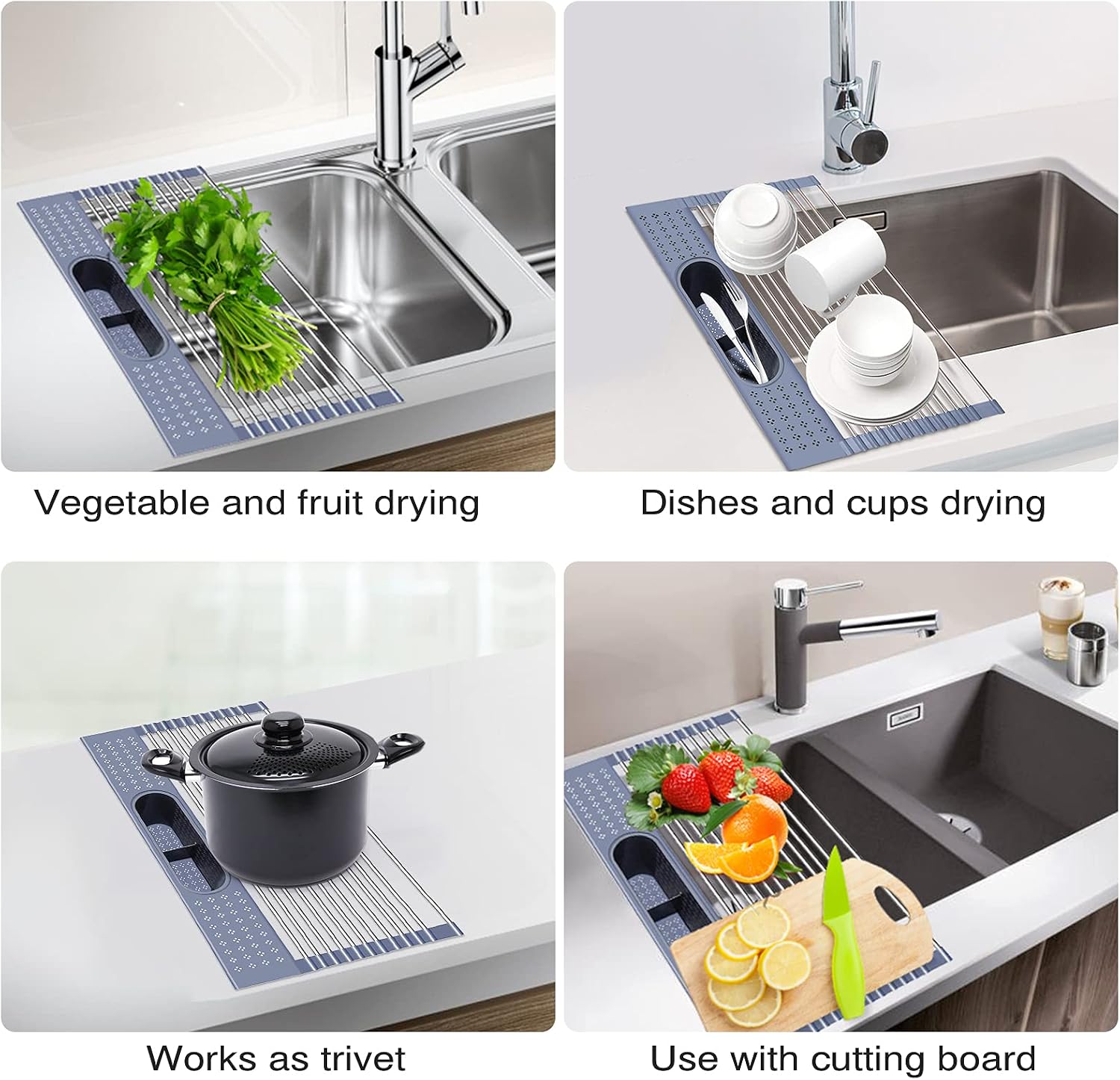 YoTelim Roll Up Dish Drying Rack, 20 x 11 inch Over The Sink Dish Drying Rack Large Sink Drying Rack with Utensil Holder Foldable Stainless Steel Dish Rack Multipurpose Dish Drainer for Kitchen Sink