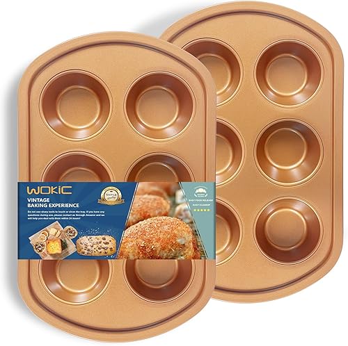 Wokic Molde antiadherente para magdalenas, 6 tazas, bandeja para magdalenas, bandeja para magdalenas, apto para lavavajillas y resistente (dorado)