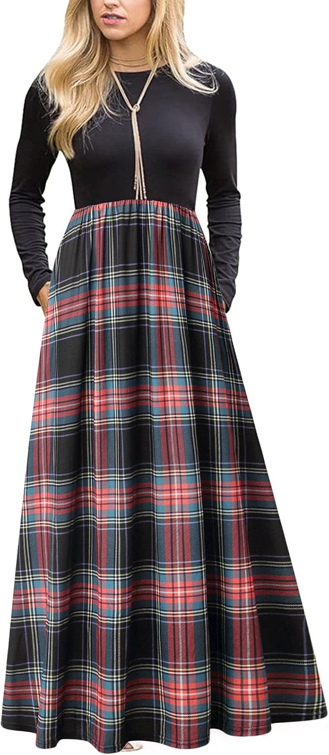 MEROKEETY Women's Long Sleeve Plaid Empire Waist Full Length Maxi Dress with Pockets