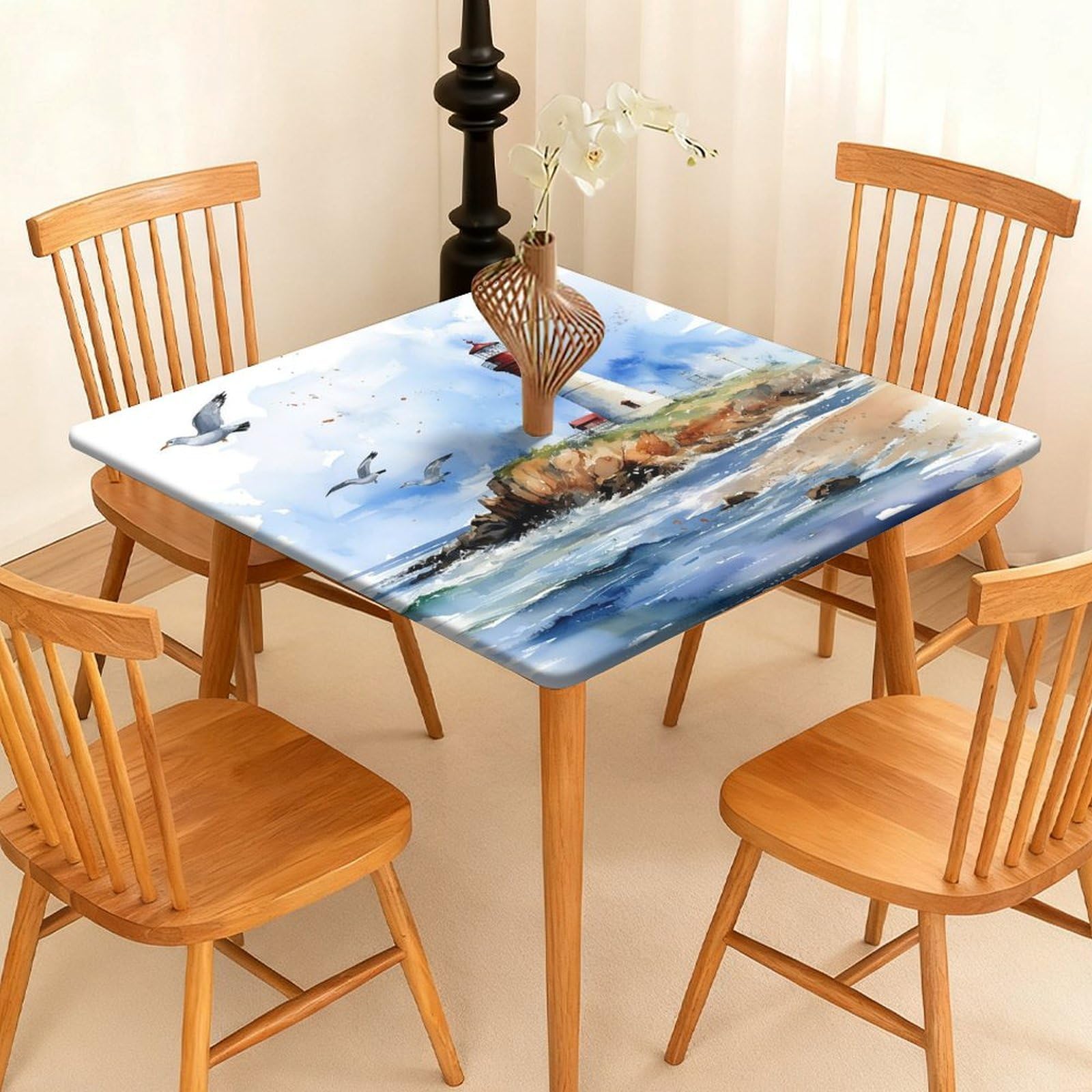 Tovaglia quadrata con bordo elastico, motivo faro oceanico, impermeabile, per sala da pranzo, feste di nozze, picnic, 130 cm