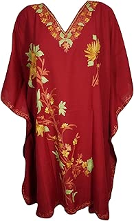 Mogul Interior Women Caftan Dress Embellished Short Lounge Wear Kaftan One Size Deep Red