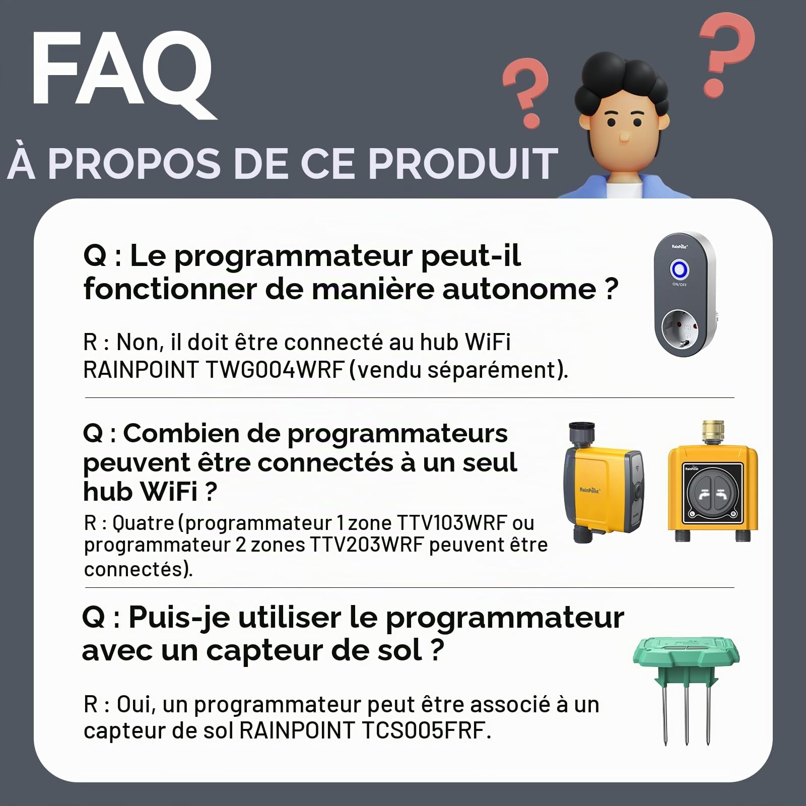 RAINPOINT Programmateur Arrosage WiFi, Entrée en Laiton, sans Hub WiFi, Doit être Utilisé avec Le Hub WiFi TWG004WRF, Uniquement Compatible avec Le WiFi 2,4 GHz