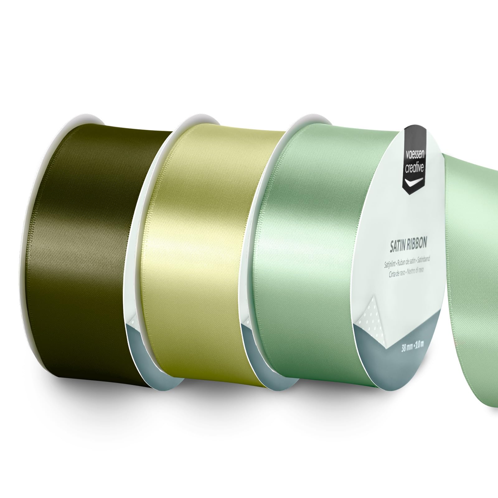 Vaessen Creative Satin Ribbon Set - 3 Colours of 32.8 ft x 1.5" - Green - Thin Ribbon for Gift Wrapping and Crafting, 10mx38mm