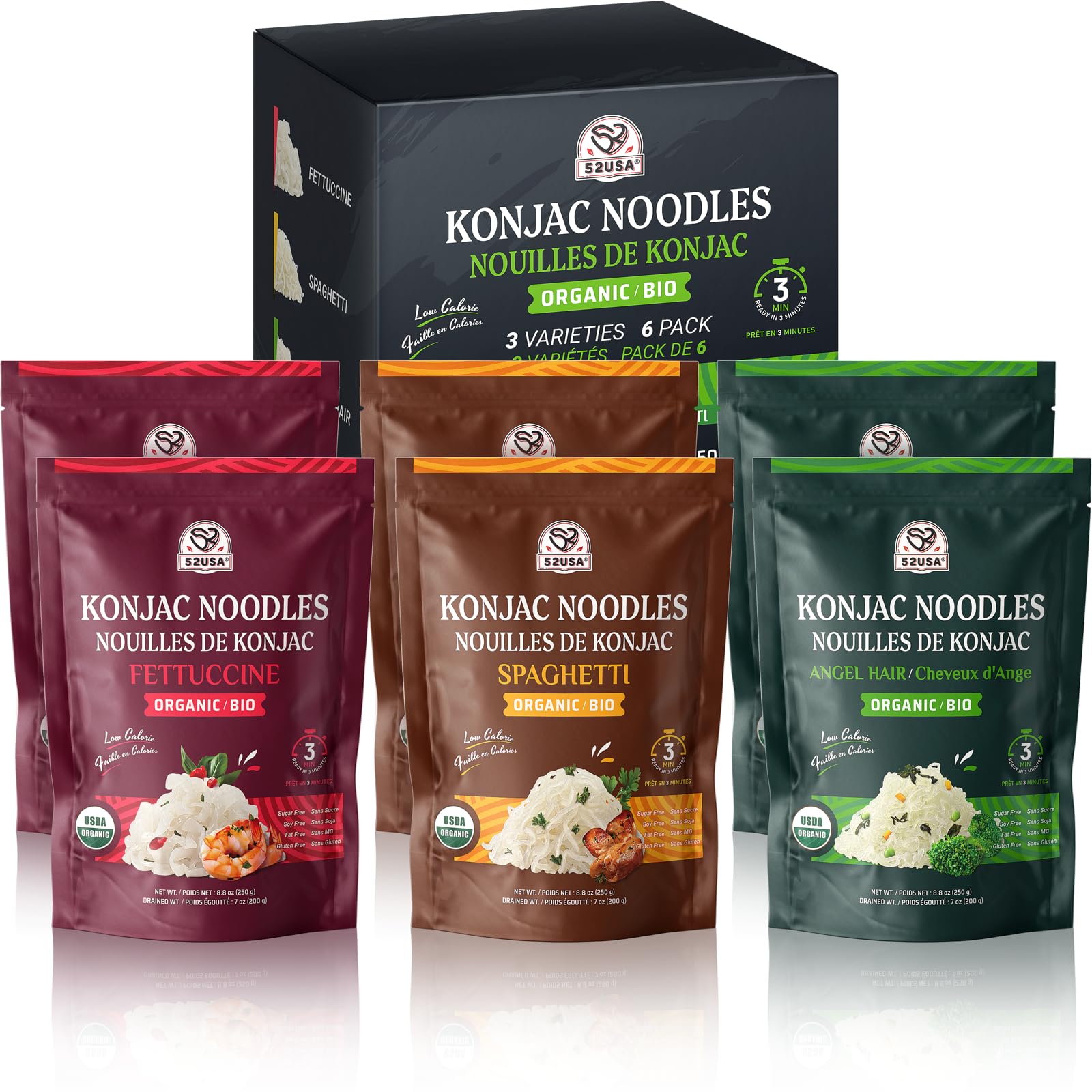52USA Organic Konjac Shirataki Noodle, Low Carb Pasta 52.8 Oz (1500 g), Angel Hair, Fettuccine, USDA Organic Healthy Spaghetti Noodles (3 Variety - 6 Pack Inside), Keto and Paleo Friendly, Low Calorie, Sugar Free, Vegan, Ready to EatUSDA Organic