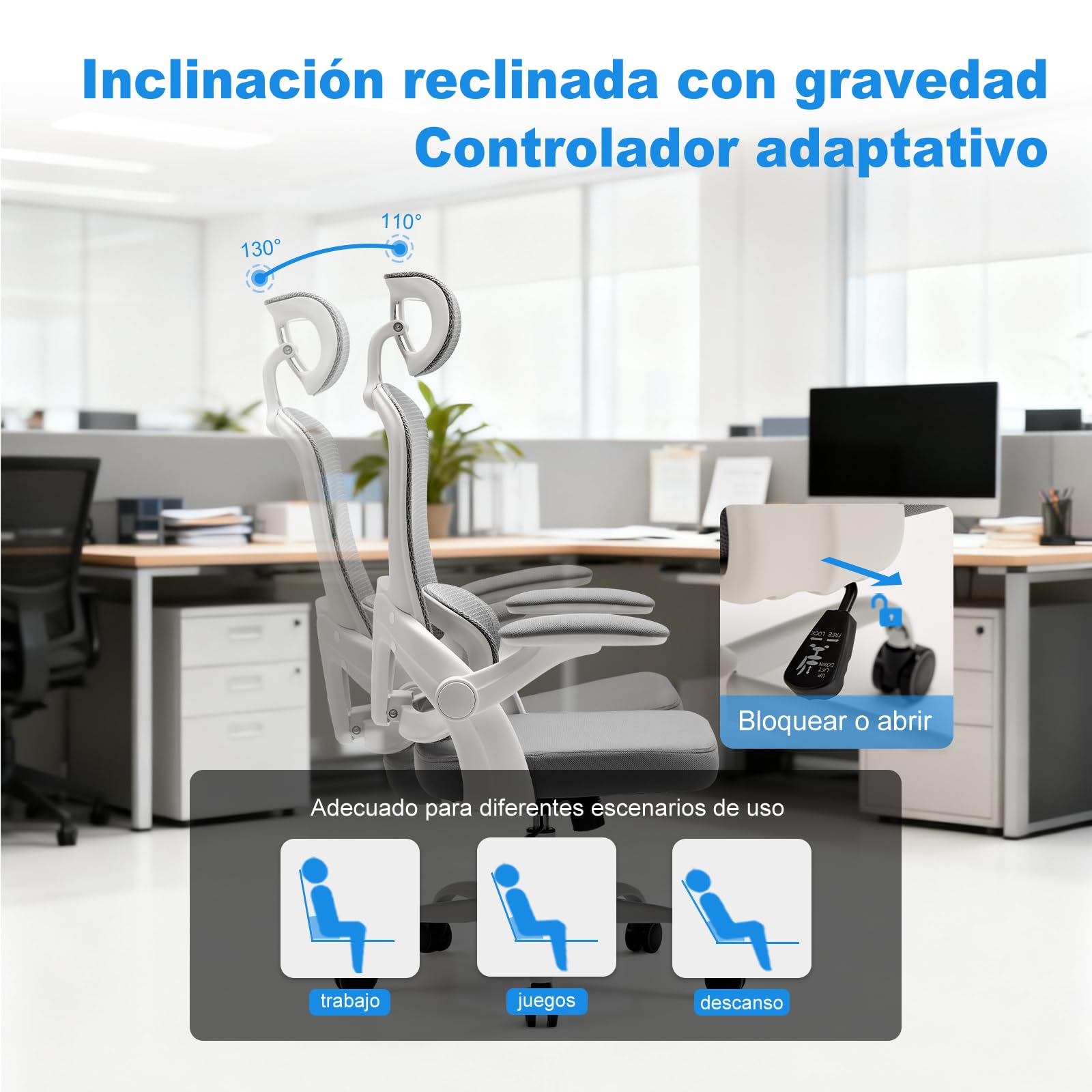 Magic Life Silla de Oficina ergonómica con cojín elástico, Respaldo de Malla Transpirable, reposabrazos Plegables, Soporte Lumbar, Altura Ajustable, Silla de Escritorio para Oficina y hogar