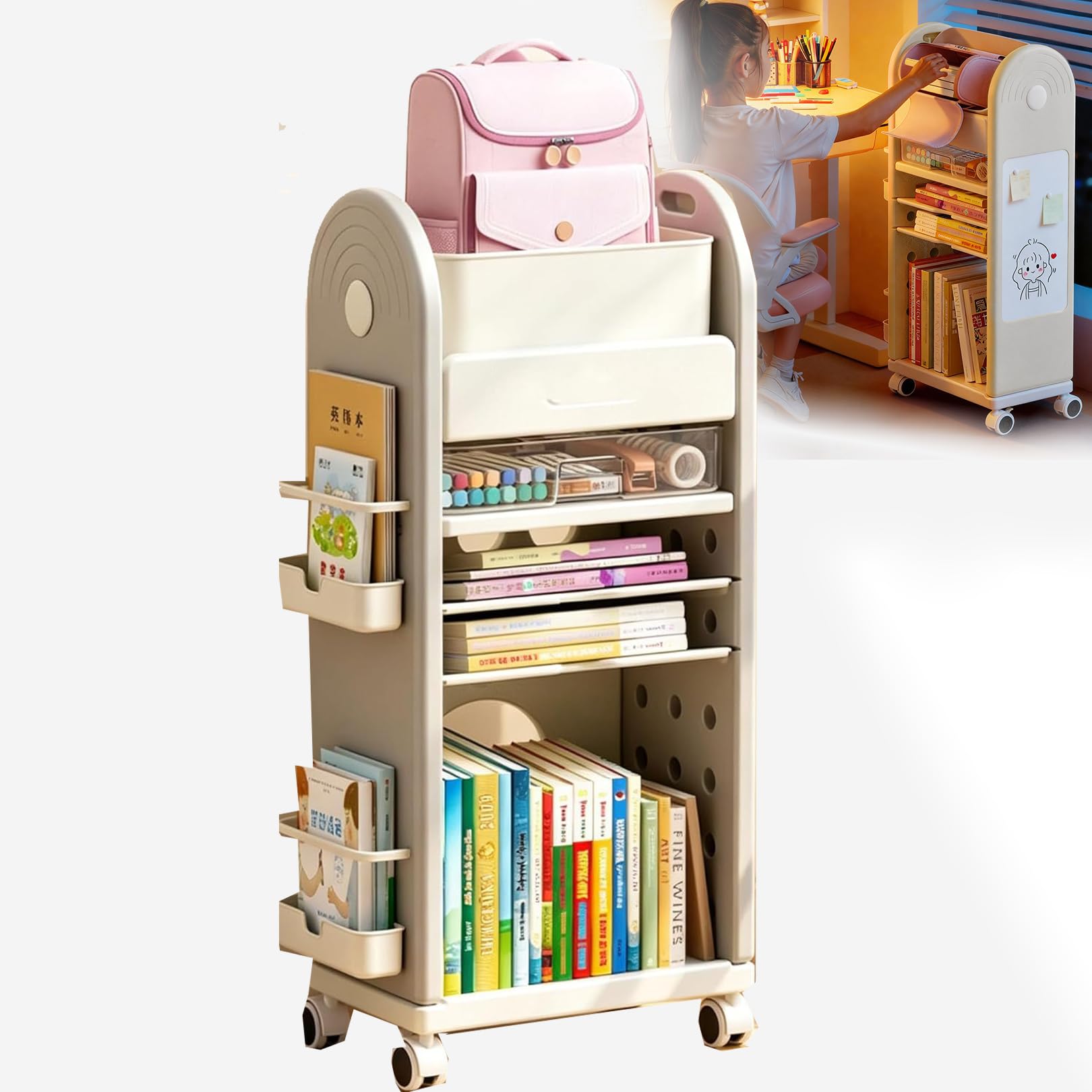 Home Bookcase Multifunctional 3Tier 5 Tier Bookshelf Organizer, Utility Cart with Lockable Casters, Narrow Rolling Storage Cart for Living Room, Bedroom, Kitchen (gray,5tier)