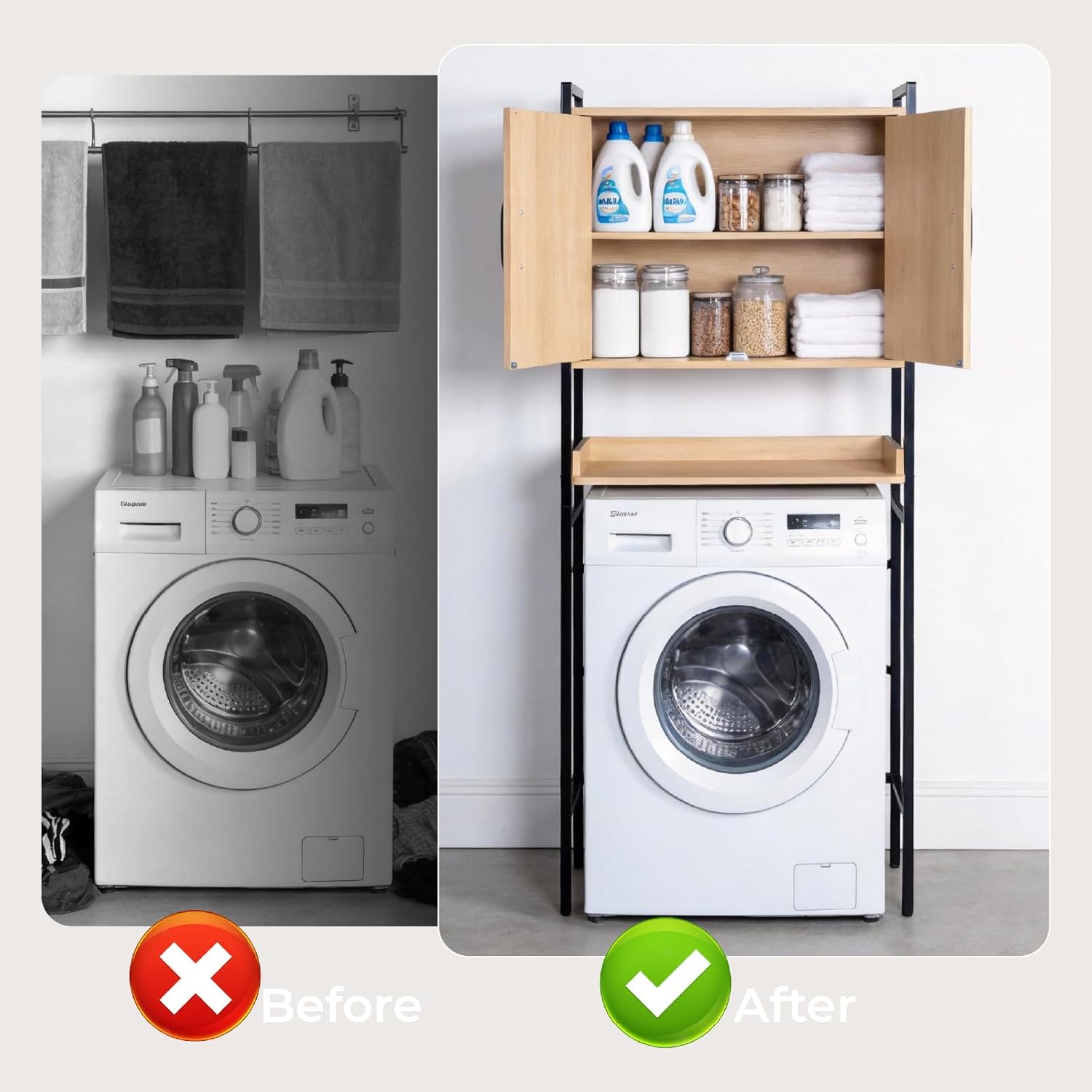 Karl home Over The Toilet Storage Cabinet with Double Doors, Bathroom Space Saver Toilet Paper Holder & Hook, Adjustable Shelf & Bottom Bar, Open Storage Cube, Organizer for Laundry, Restroom