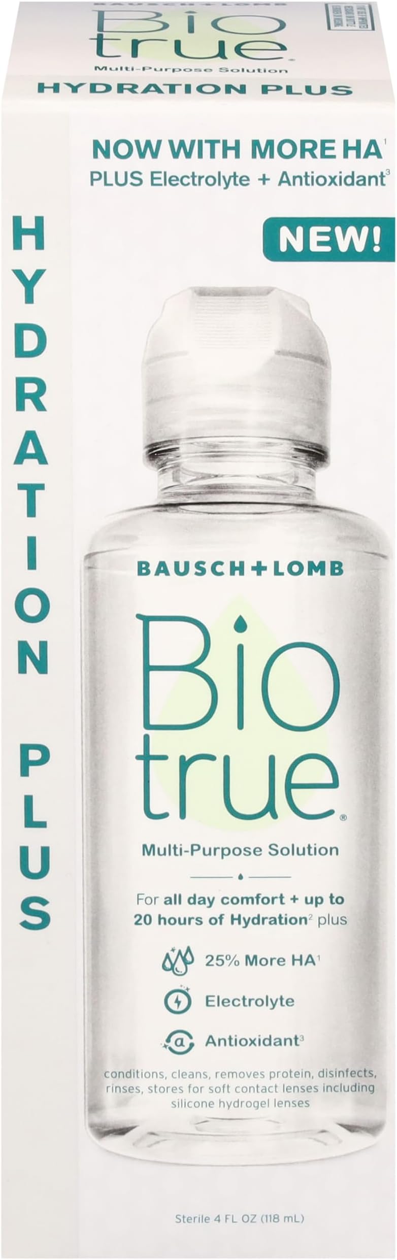Biotrue Hydration Plus Contact Lens Solution, Multi-Purpose for Soft Lenses, Hydrates with Hyaluronan, Cleans, Clears, and Disinfects for All-Day Comfort, 4 Fl Oz (Pack of 1)