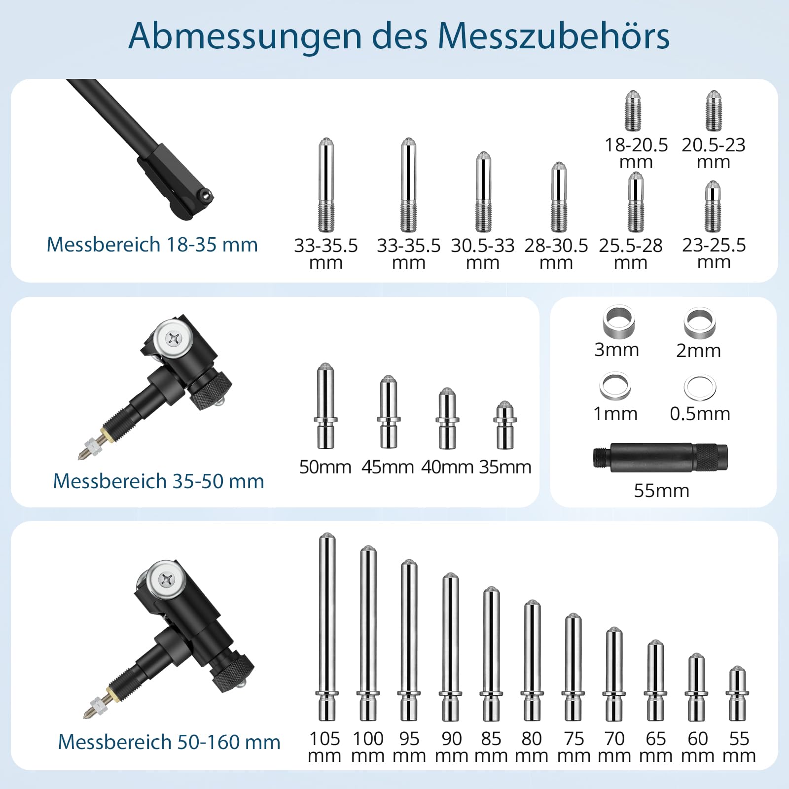 Digitales Bohrungsmessgerät 18-160mm – Präzises Innenmessgerät mit LCD-Messuhr, 0,01mm Genauigkeit, tiefes Messen bis 150mm, inkl. Zubehör & ABS-Box