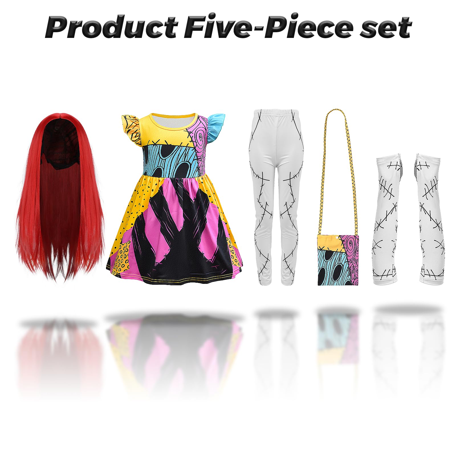 Makoike Sally Costume Kids Girls 5Pcs Nightmare Christmas Sally Dress Wig Bag Tights Glove Halloween Costume Cosplay Outfit 4-11 Years - Image 3