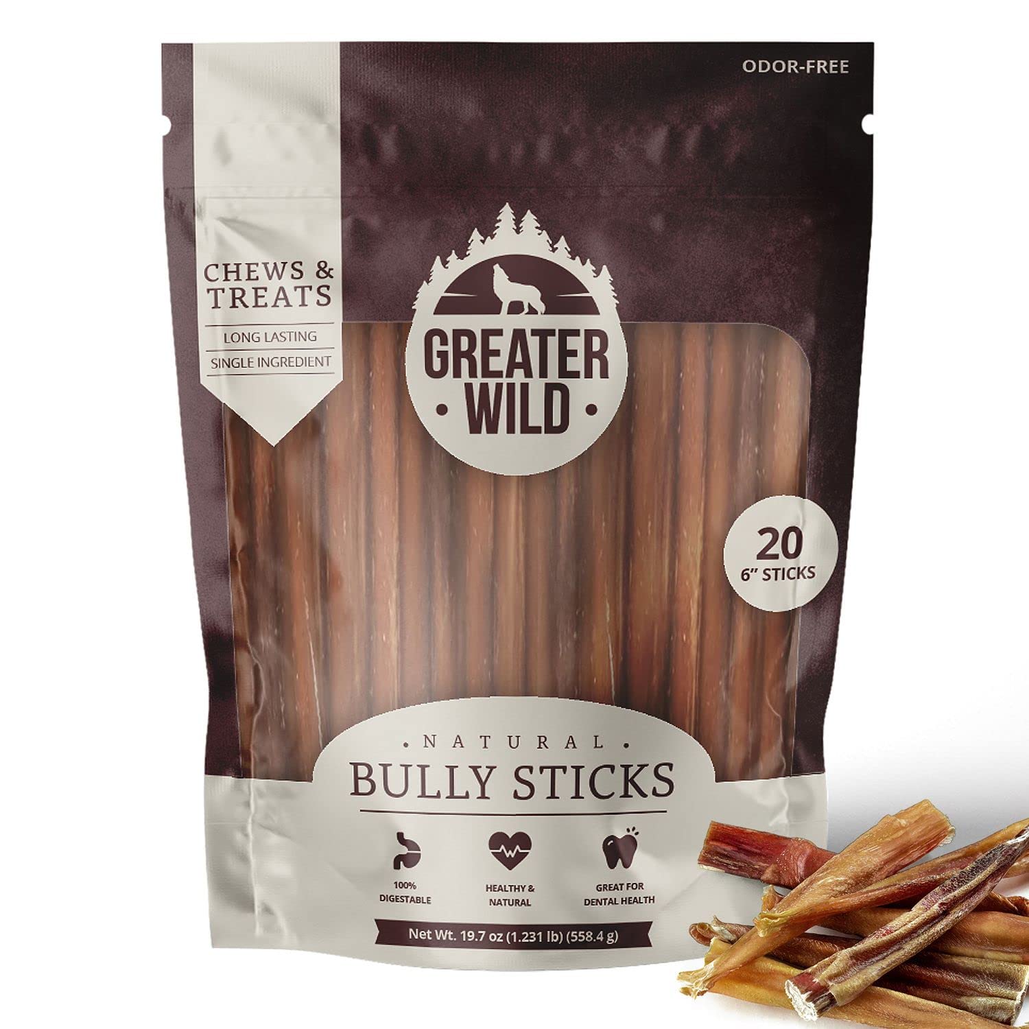 Beef Bully Sticks Dog Treats, 20 Thick 6" Sticks - Single Ingredient, All Natural, Long Lasting Dog Chews for Large and Small Dogs - 100% Digestible