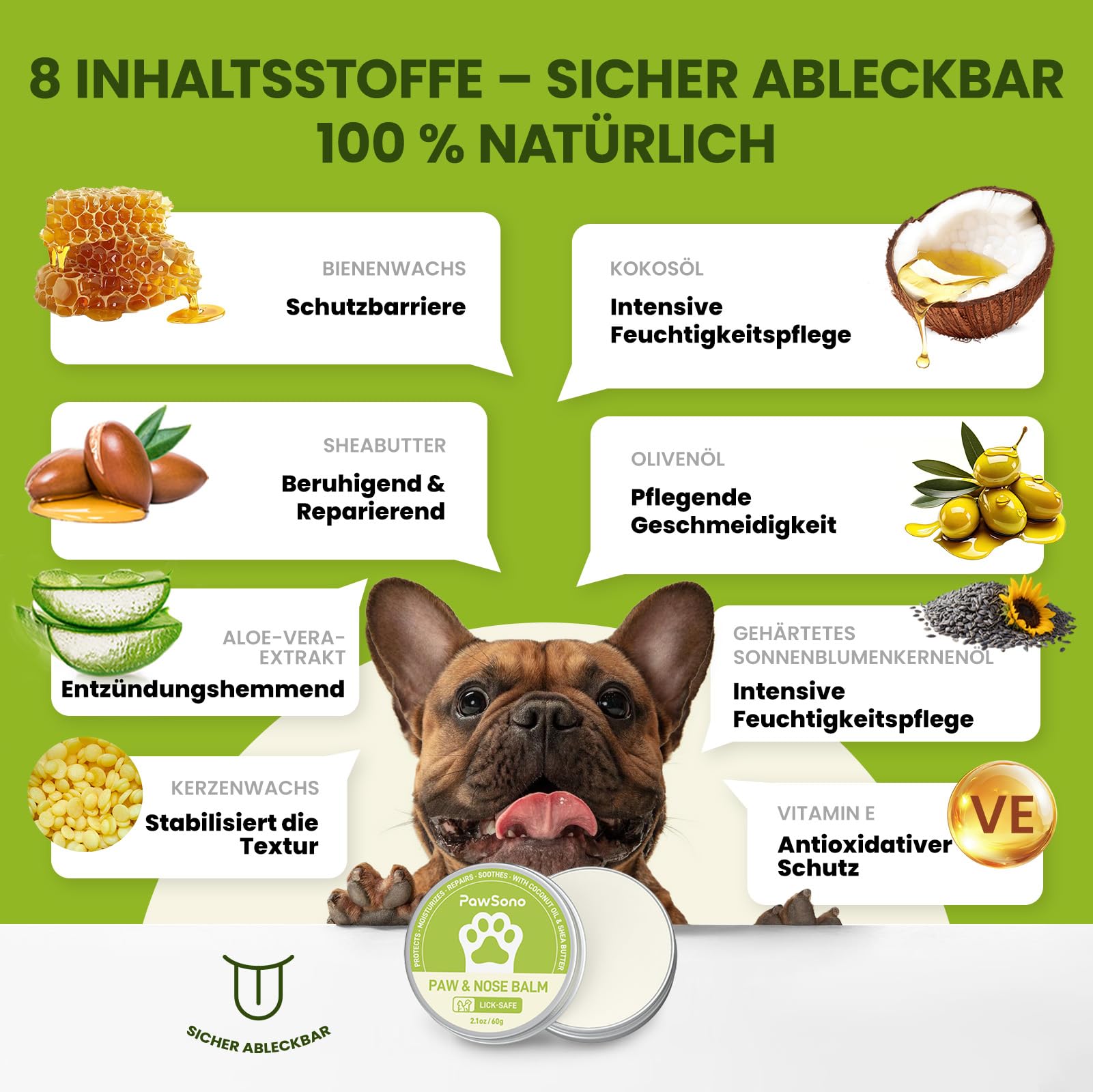 PawSono Pfotenbalsam Hund und Katze mit Kokosöl 60g | Sicher Ableckbar | 100% natürliche Pflege Pfotenpflege Nasenbalsam für Trockene, Rissige Nase und Pfoten | Hundepfoten Balsam Auch für Pferdehufe | Pfotenbalsam Hund und Katze mit Kokosöl 60g