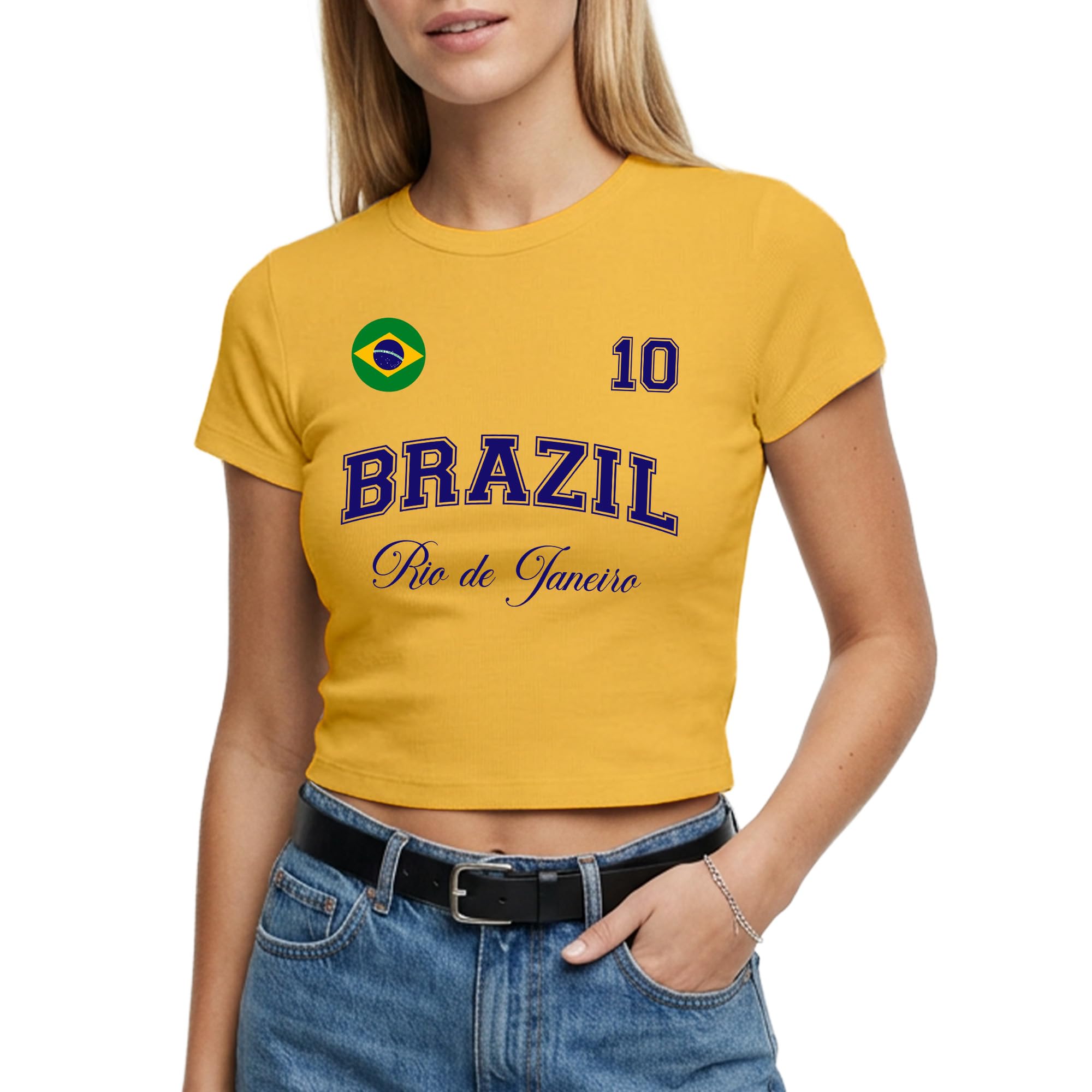 Brazil Womens Baby Tee - Brazilian City Name Number Badge Short Top Football Tshirt Fan Gift, XL, Yellow