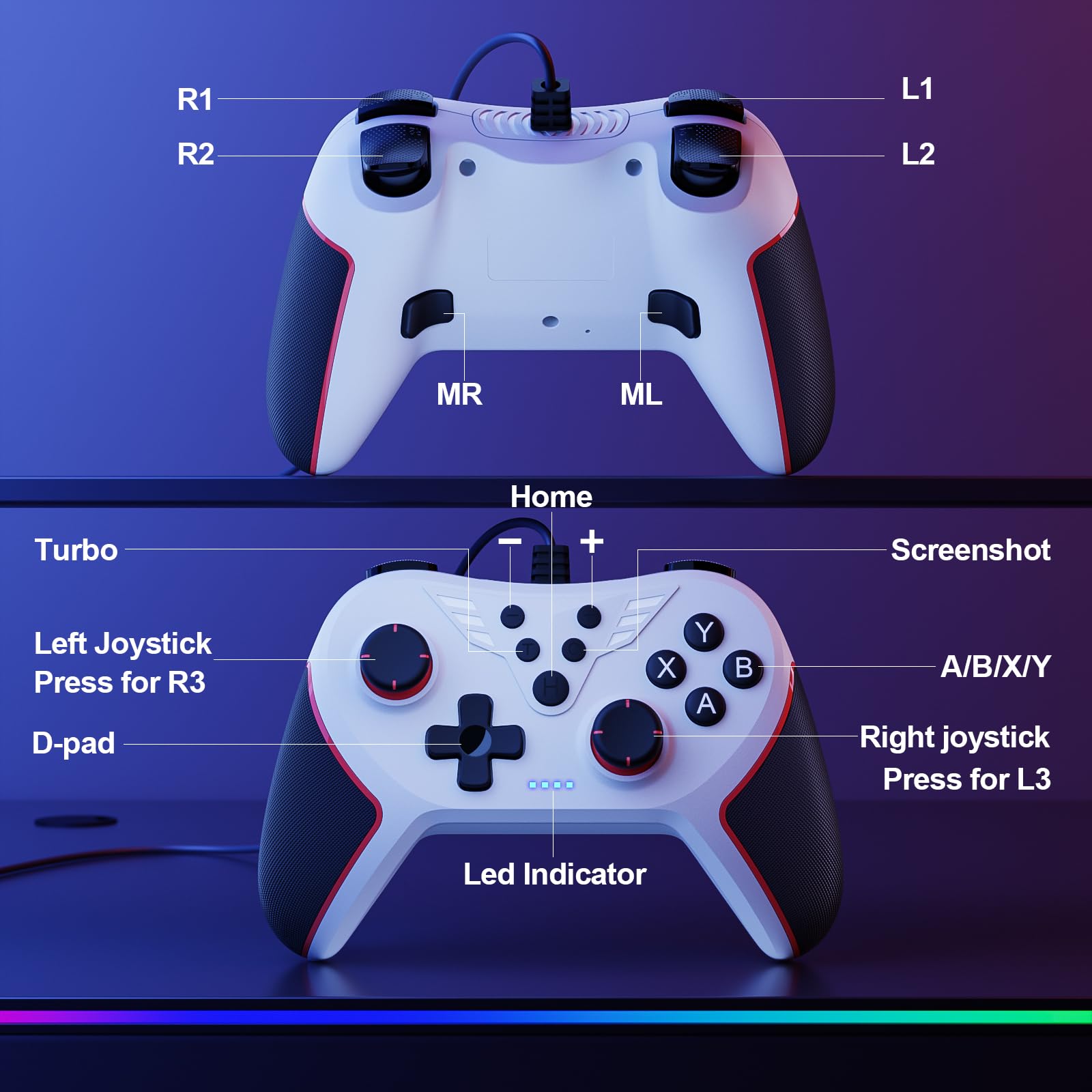 RivalPlay Mando PC, Mandos con Cable para PC(WIN 7, 8, 10, 11) con Function Mapeo, Turbo y Doble Vibración- Plug & Play