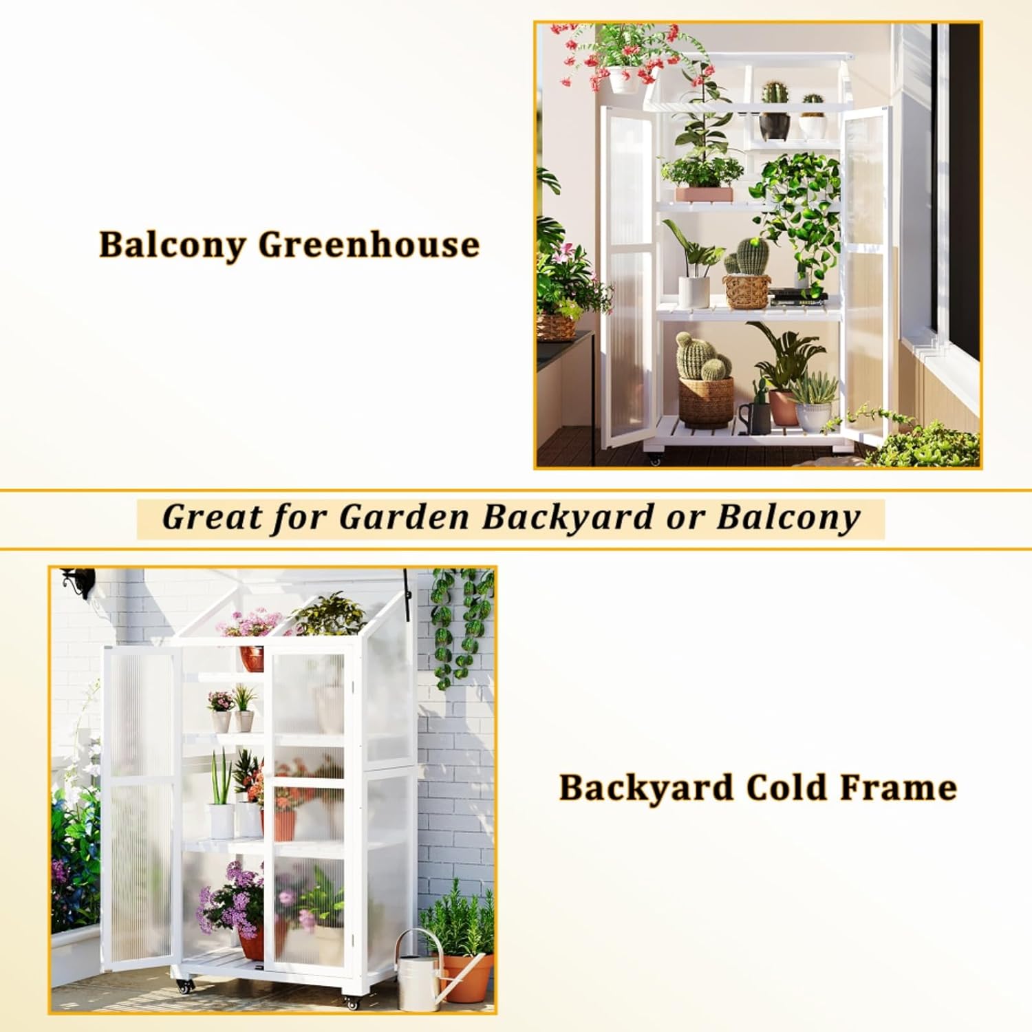 Sturdy Portable Storage Sheds and Gardening Adjustable Shelves, Wood Large Greenhouse Balcony Portable Cold Frame with Wheels, Green House for Growing Plants Flowers Indoor & Outdoor (White)