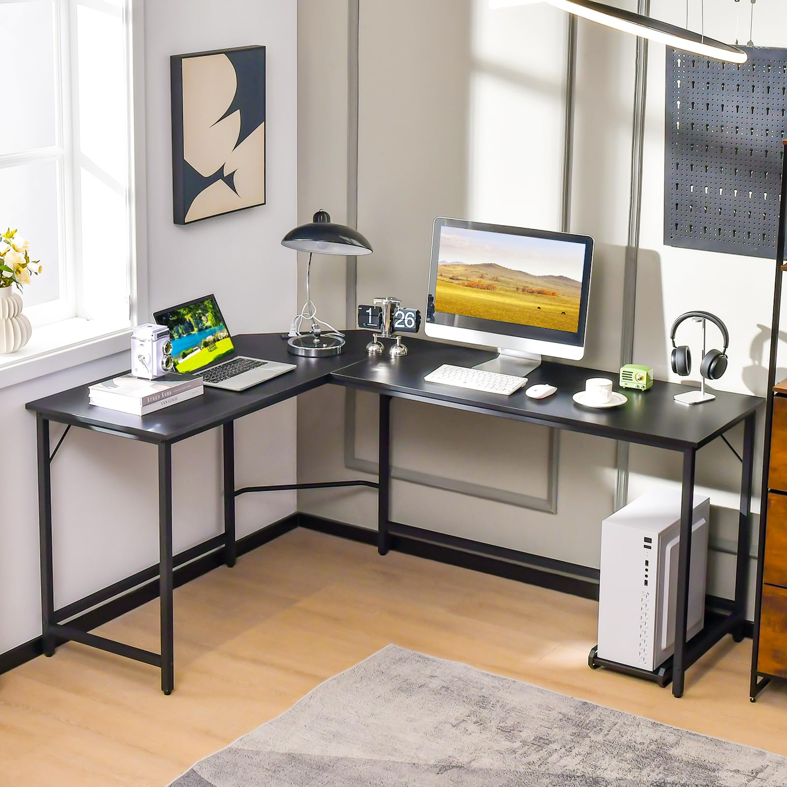 LIFEZEAL Scrivania Ufficio a Forma di L con Multipresa, Stazione di Ricarica, Scrivania Angolare, Porta 2-3 Computer, CPU, Postazione di Lavoro, Telaio in Metallo, Max 150kg, 168x125x74,5cm, Nero