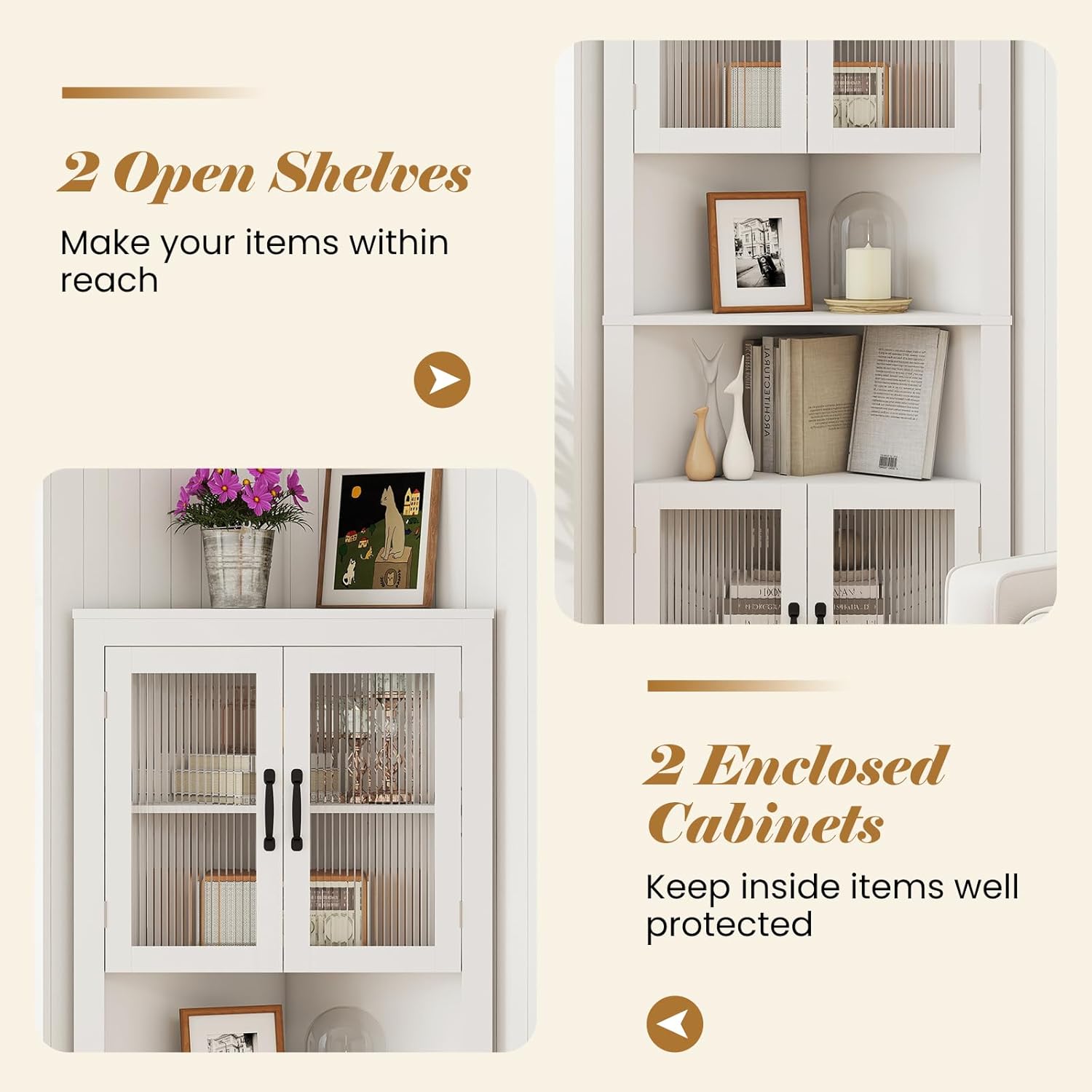 GOFLAME 6-Tier Corner Storage Cabinet, 67” Tall Corner Hutch with 4 Fluted Glass Doors, 3-Level Adjustable Shelves, Anti-Toppling System, Space Saver for Bathroom, Living Room, Hallway, Kitchen, White