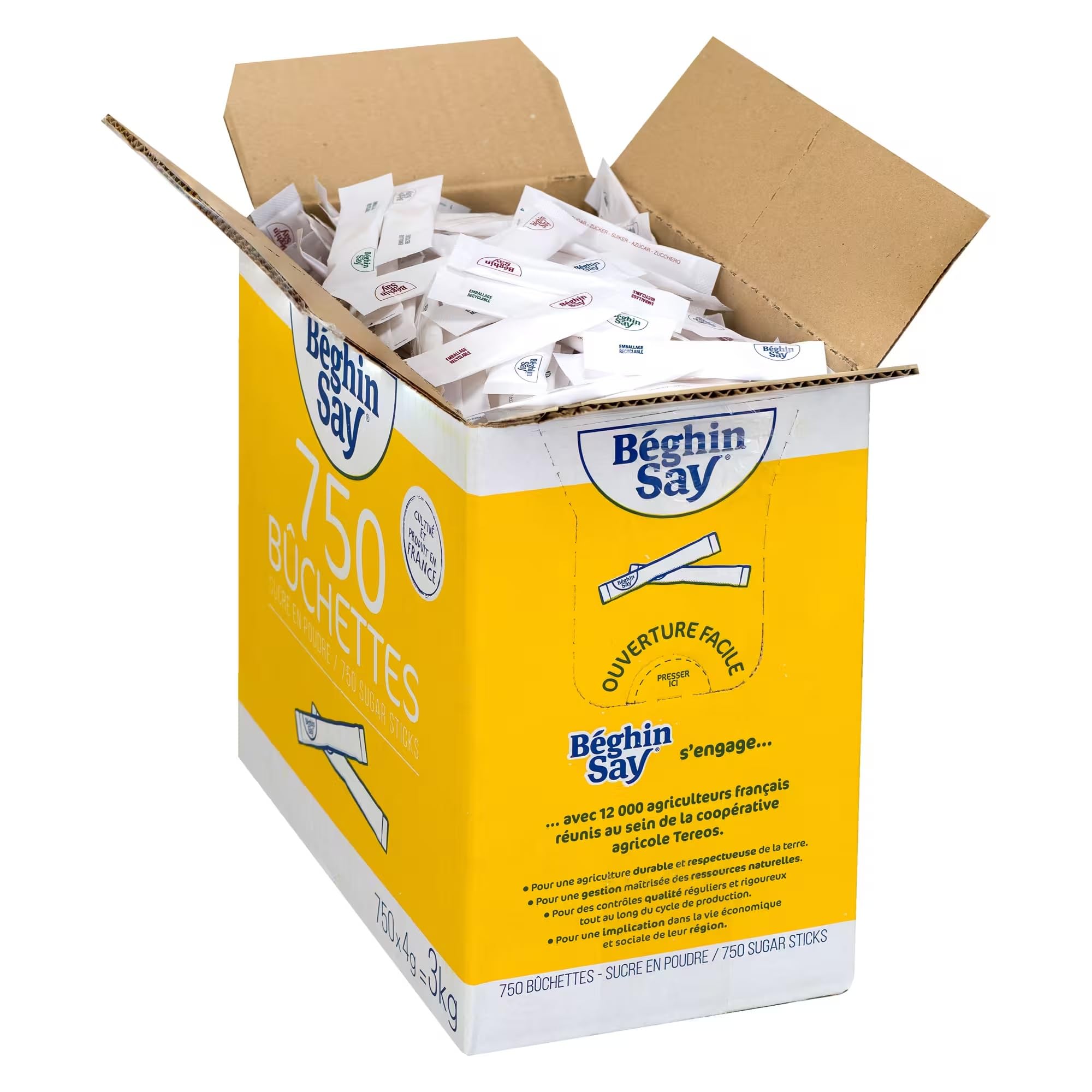 Sucre Blanc en Poudre BEGHIN SAY – Boîte distributrice de 750 Bûchettes Stics 4 g (3 kg) – Idéal pour Les Professionnels – Offre Spéciale