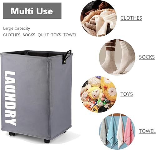 Miniatura 5 de Cesta grande para la ropa sucia, con ruedas de tela Oxford, asa de cuero, plegable a prueba de agua, para dormitorio, cuarto de servicio, armario,