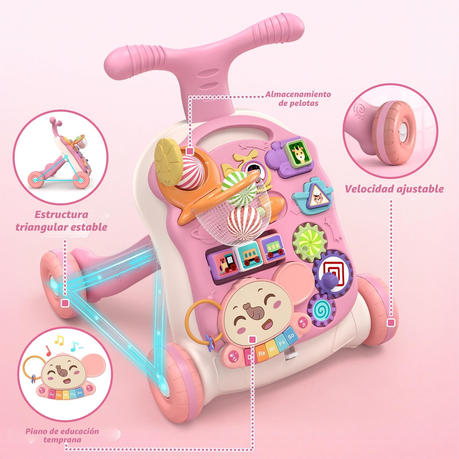 QDRAGON Andador Bebes, Correpasillos Bebe, Tacata Bebe con Actividades, Musical, Velocidad Regulable, 2 en 1 Caminador Bebe, Juguetes Regalo Para Bebés +6 Meses, Rosa