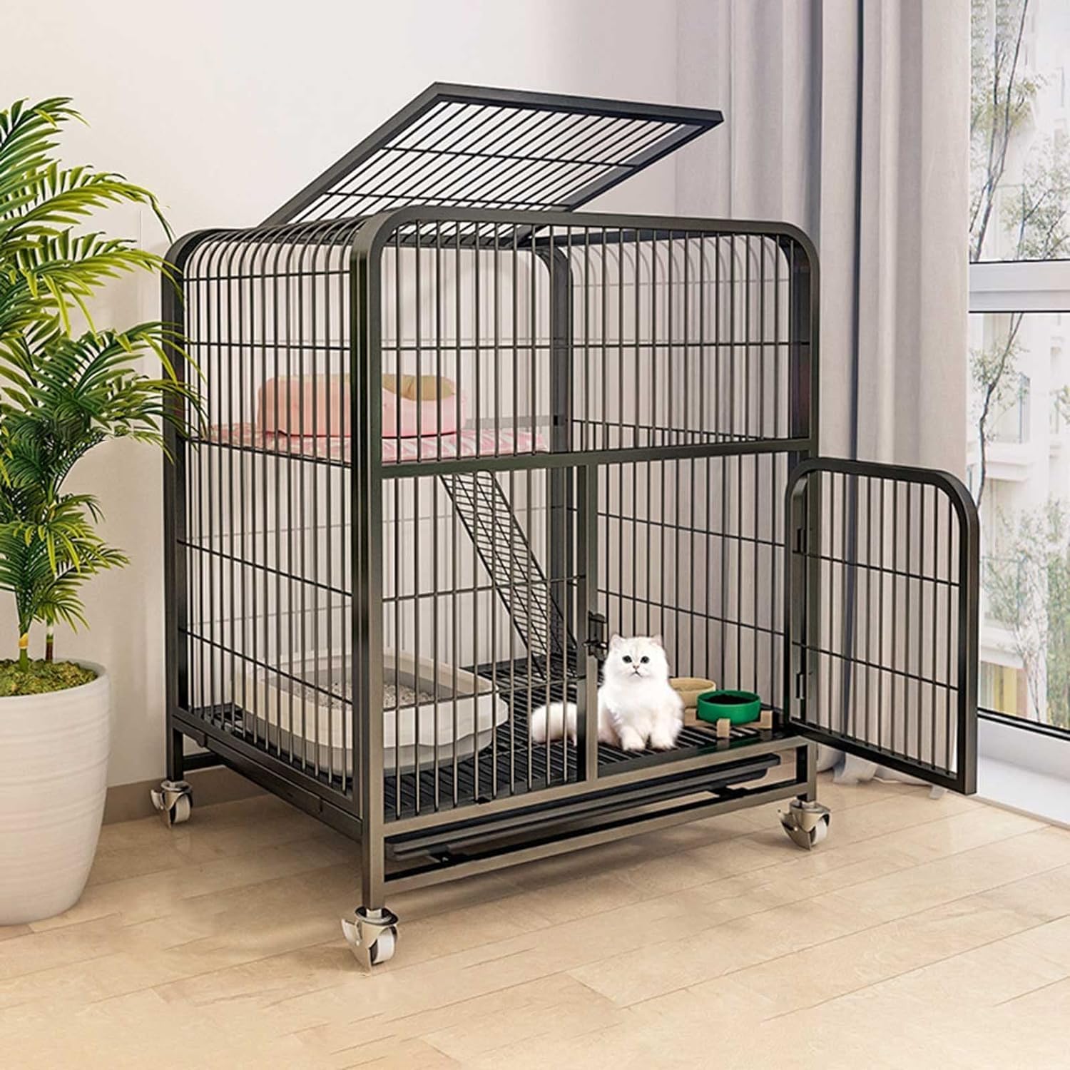 asdchZen Cat House Cat Cage Outdoor Cat Cat Crate Cage Playpen Cat Enclosure On Wheels Metal Kitten Cage - For Small Animal,Kitties For Cat And Small Animals,70X55X75Cm
